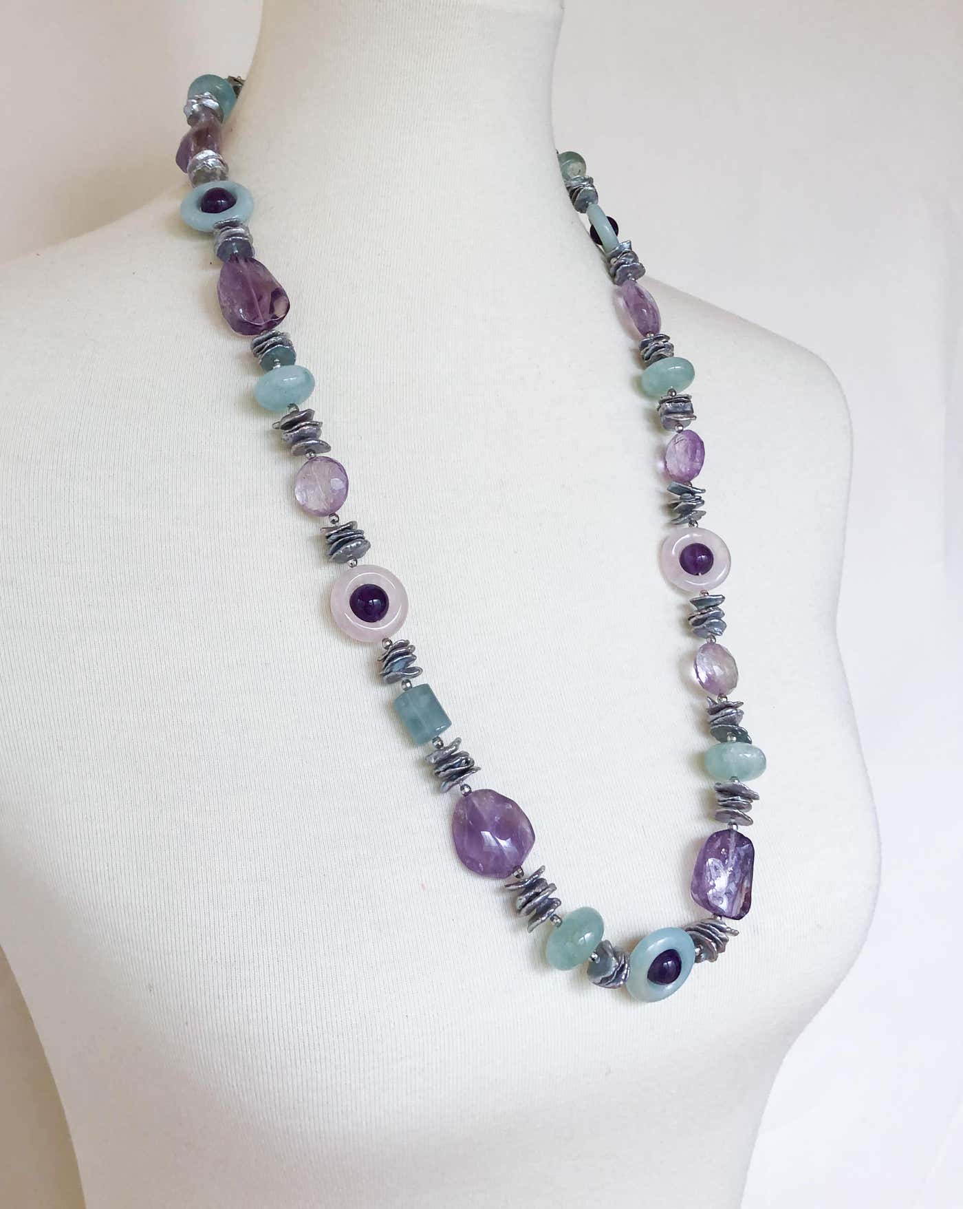 Amethyst, Rose Quartz, Grey Pearl & Aquamarine Infinity Necklace