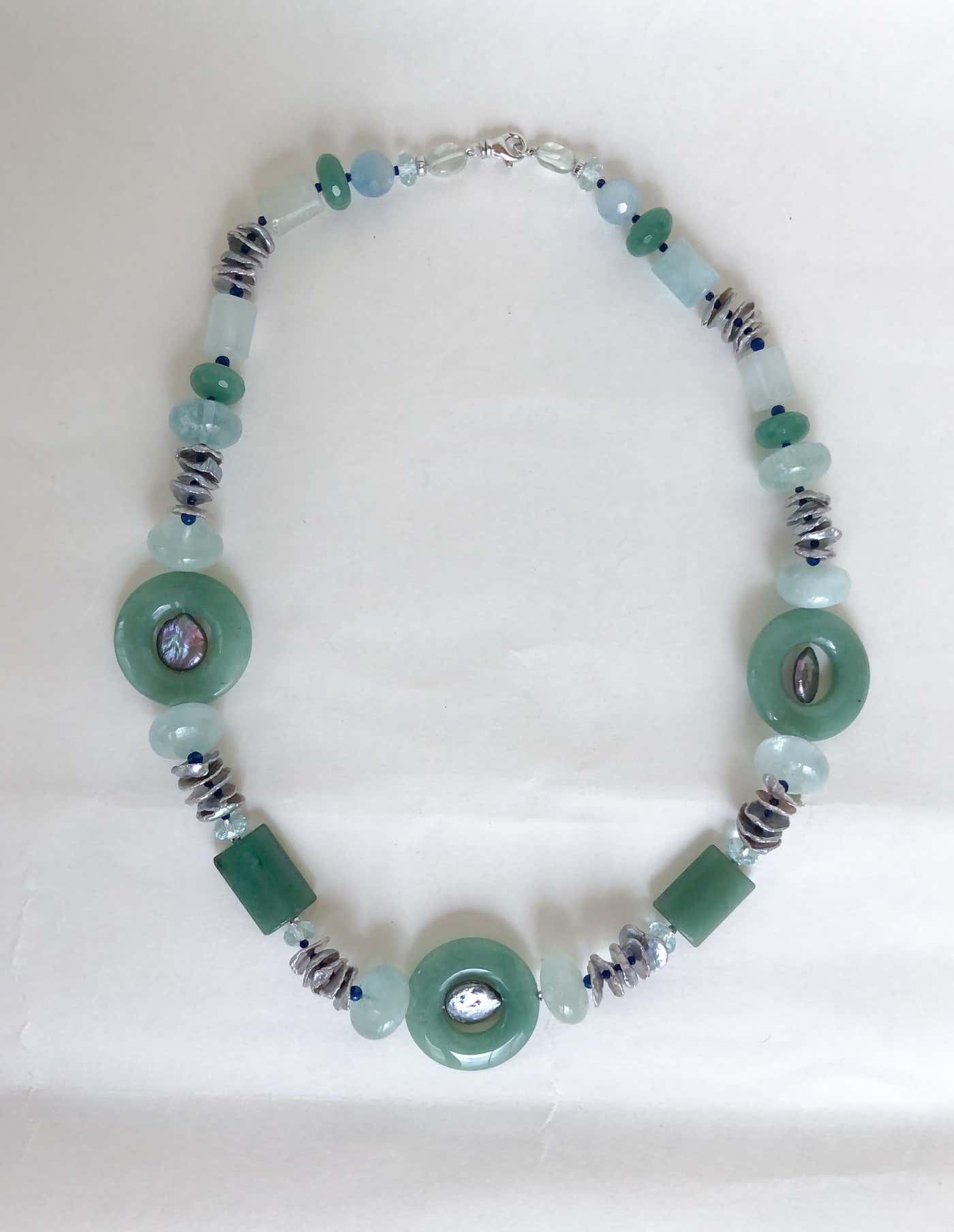 Jade, Aquamarine, Aventurine & Grey Pearl Necklace