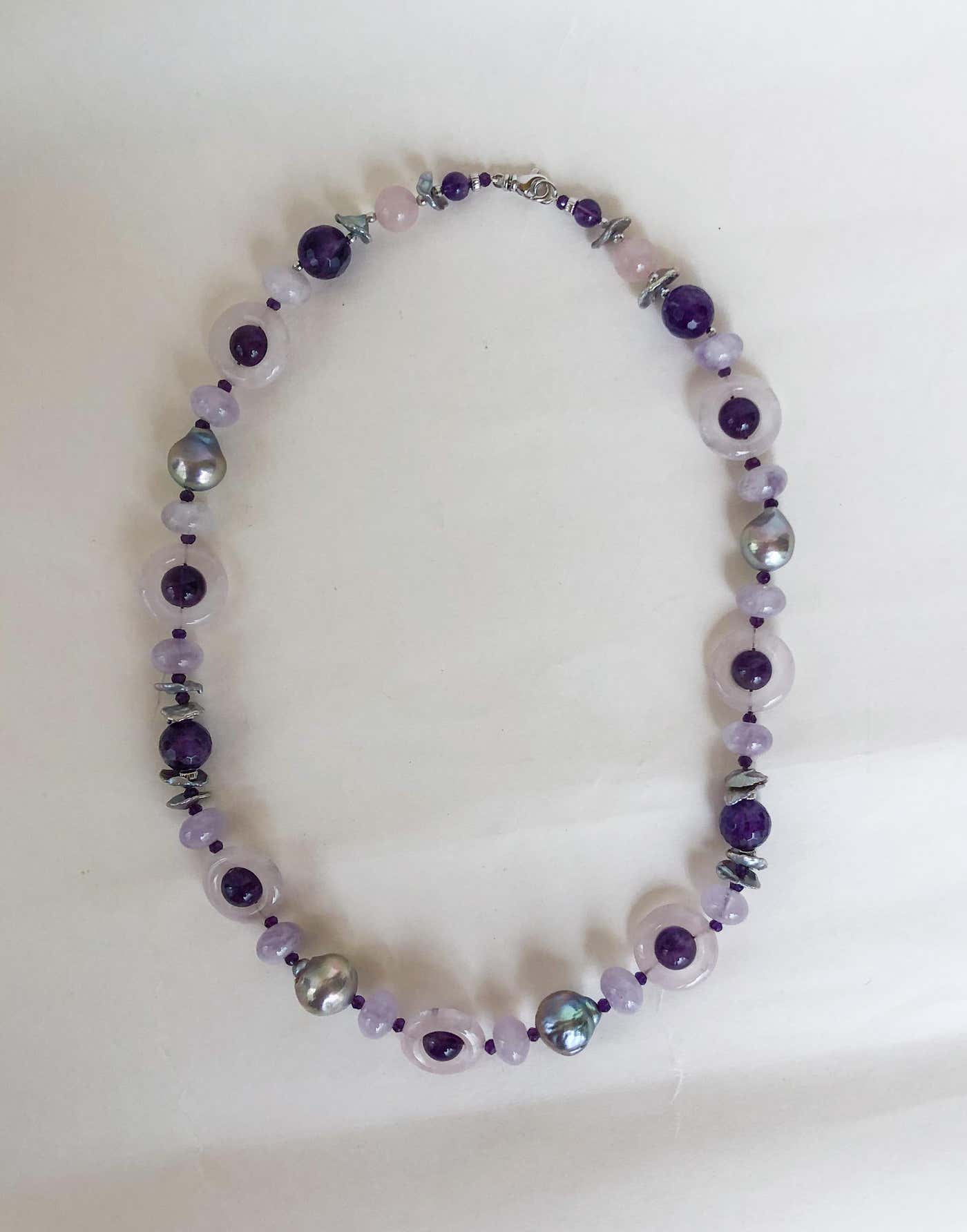 Amethyst, Rose Quartz & Grey Pearl Necklace with Rhodium Silver Clasp