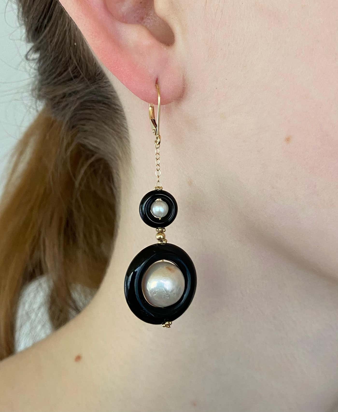 2 Tier Pearl, Black Onyx and Solid 14k Yellow Gold Earrings