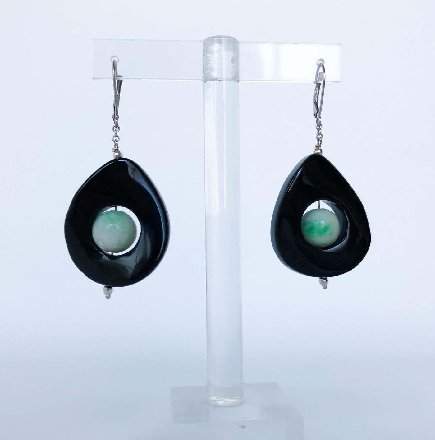Jade and Onyx Drop Earrings with 14 Karat White Gold