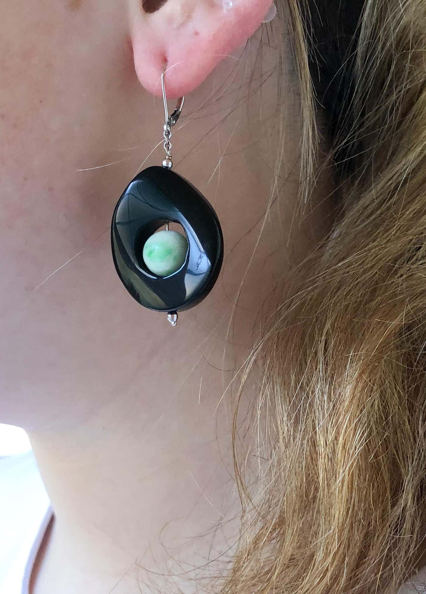 Jade and Onyx Drop Earrings with 14 Karat White Gold