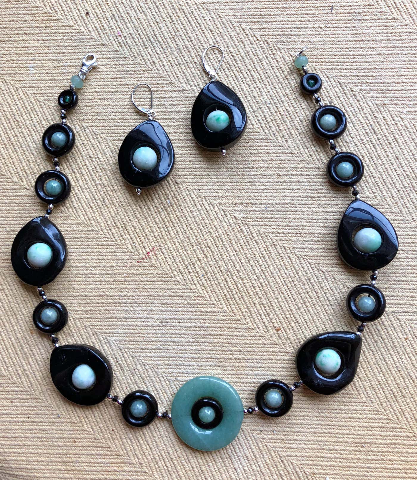 Jade and Onyx Drop Earrings with 14 Karat White Gold
