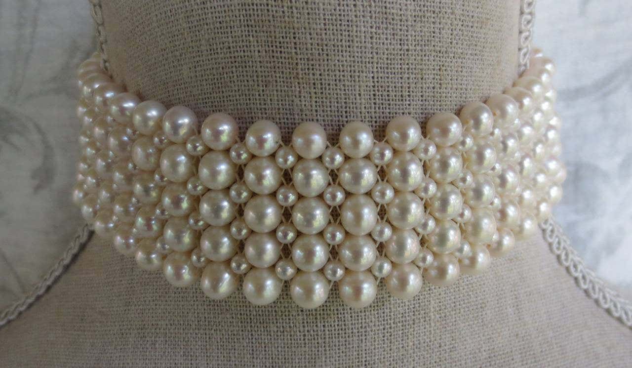 Statement White Pearl Woven Choker with White Gold Plated Silver Clasp