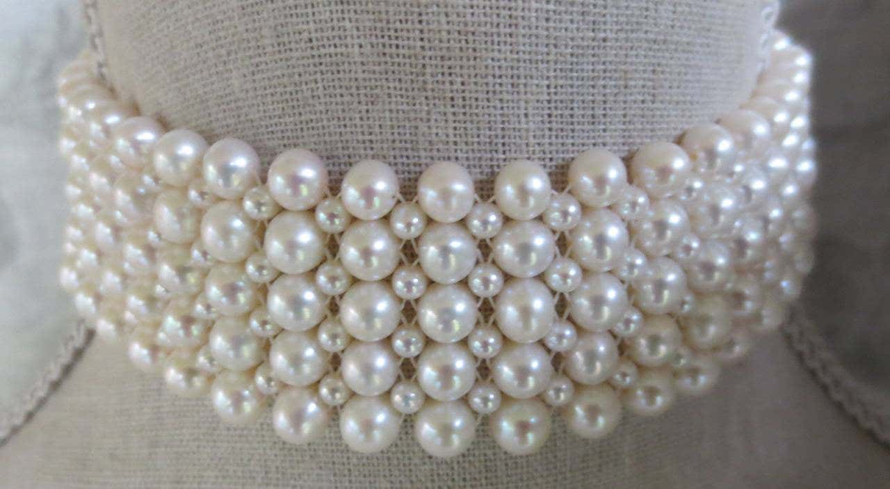 Statement White Pearl Woven Choker with White Gold Plated Silver Clasp