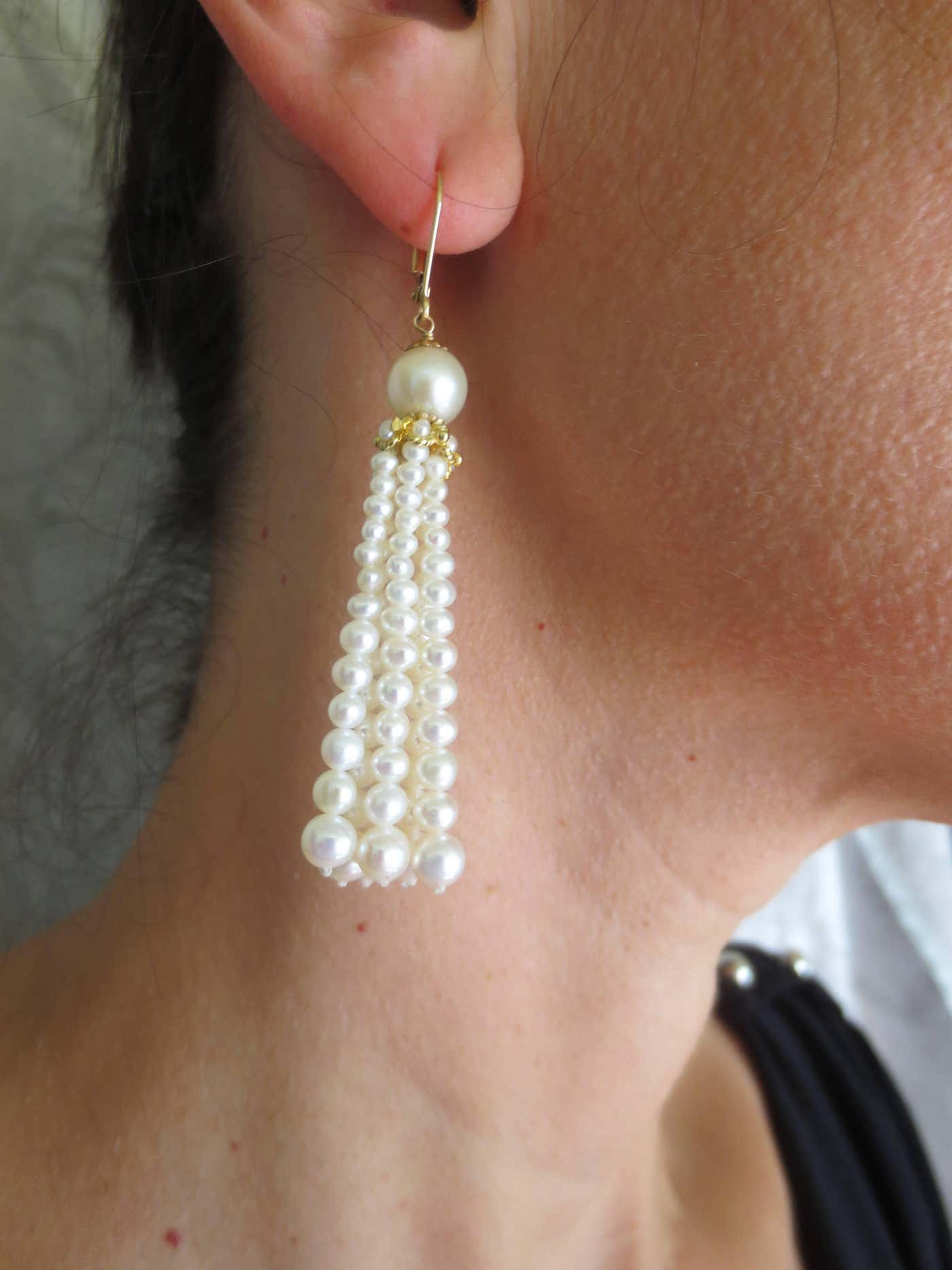 Graduated Pearl Tassel Earrings with Solid 14k Yellow Gold