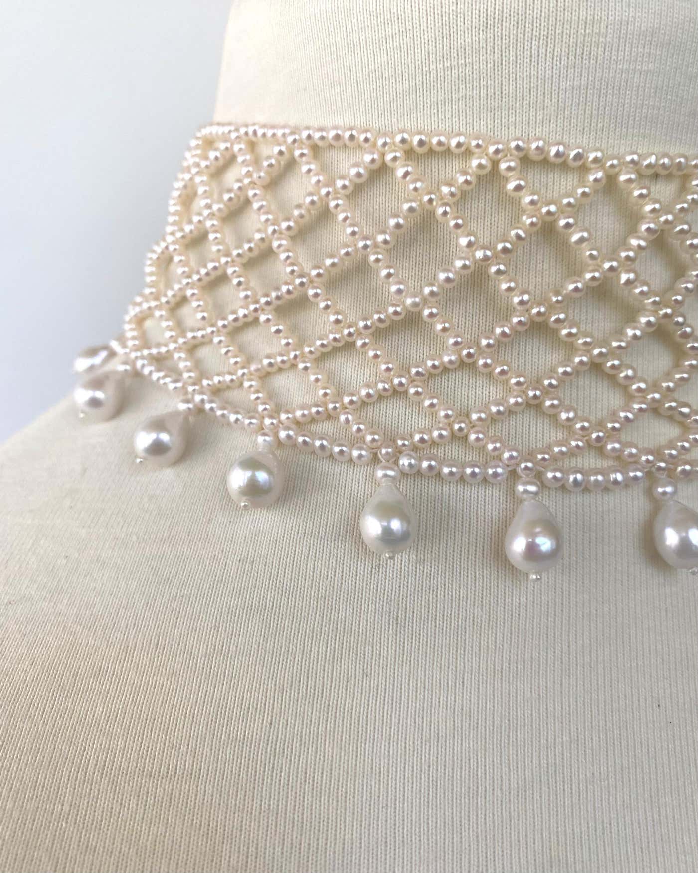 One Of A Kind Pearl Woven Choker with Rhodium Adjustable Clasp