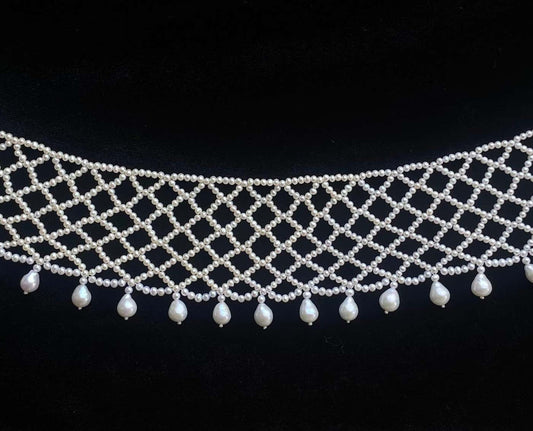 One Of A Kind Pearl Woven Choker with Rhodium Adjustable Clasp