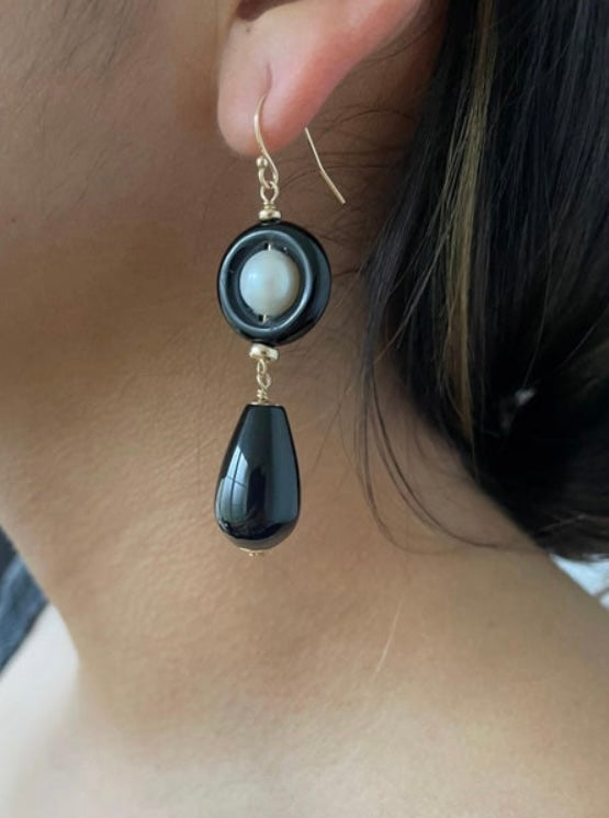 Black Onyx, Pearl & Solid 14k 'Art Deco' Dangle Earrings