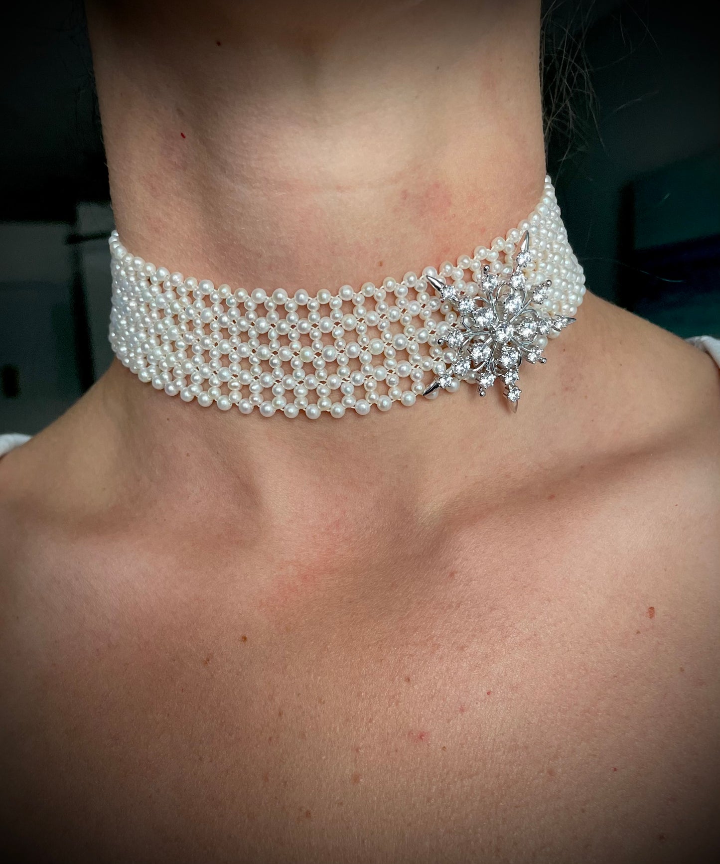 Lace Woven Pearl Choker with Adjustable Rhodium Clasp
