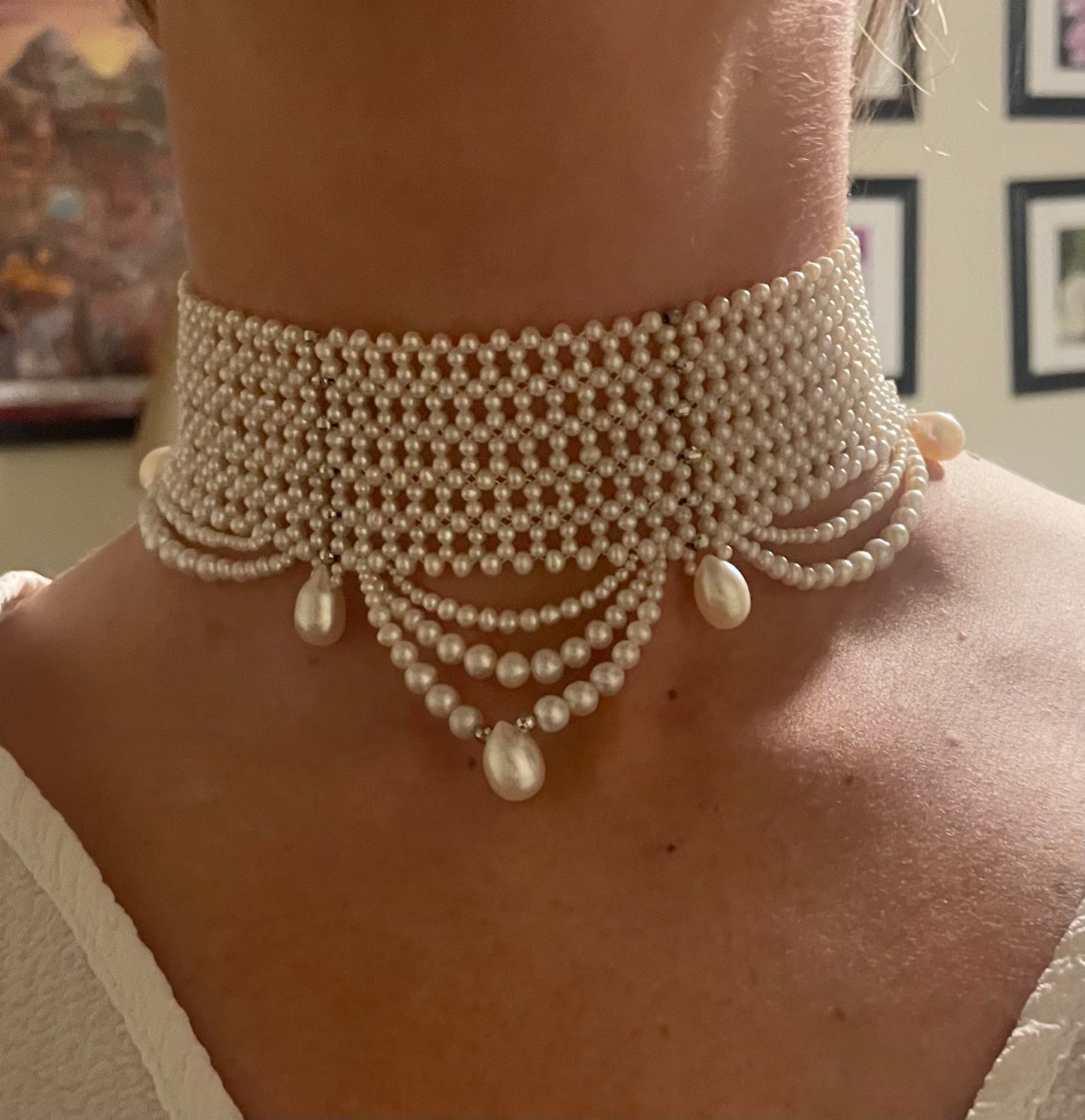 Adjustable Draped Pearl Choker with Rhodium Silver