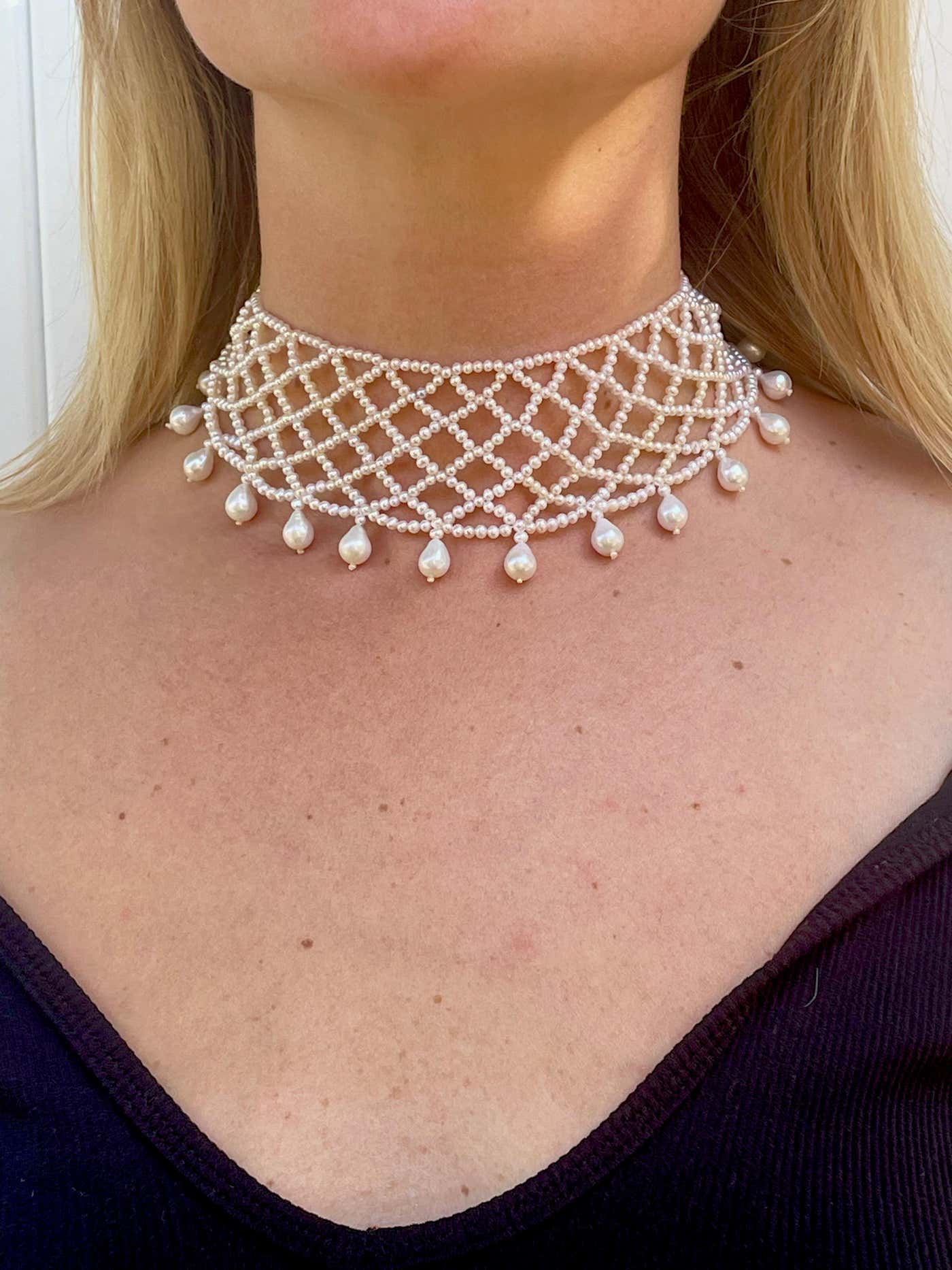 One Of A Kind Pearl Woven Choker with Rhodium Adjustable Clasp