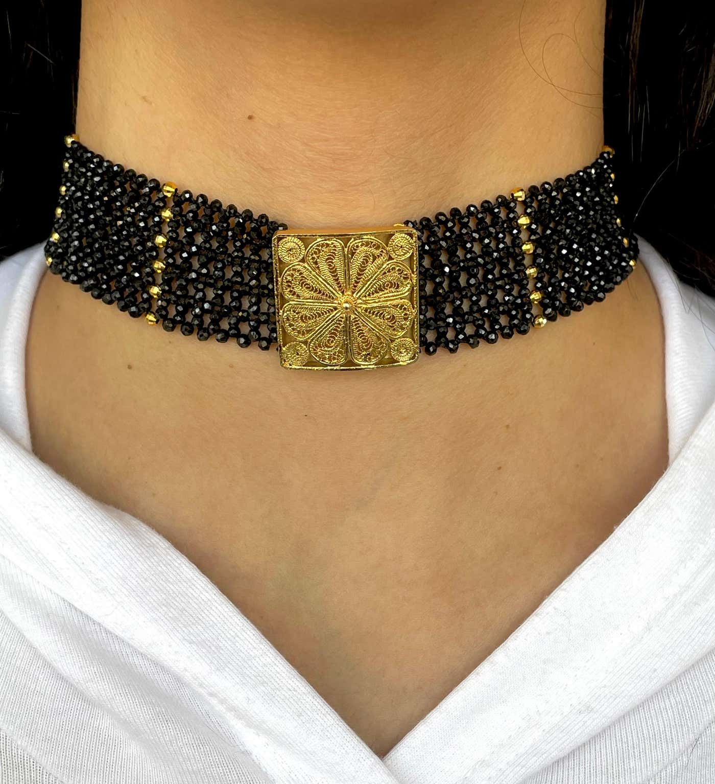 Black Spinel & 18k Yellow Gold Plated Choker with Floral Centerpiece