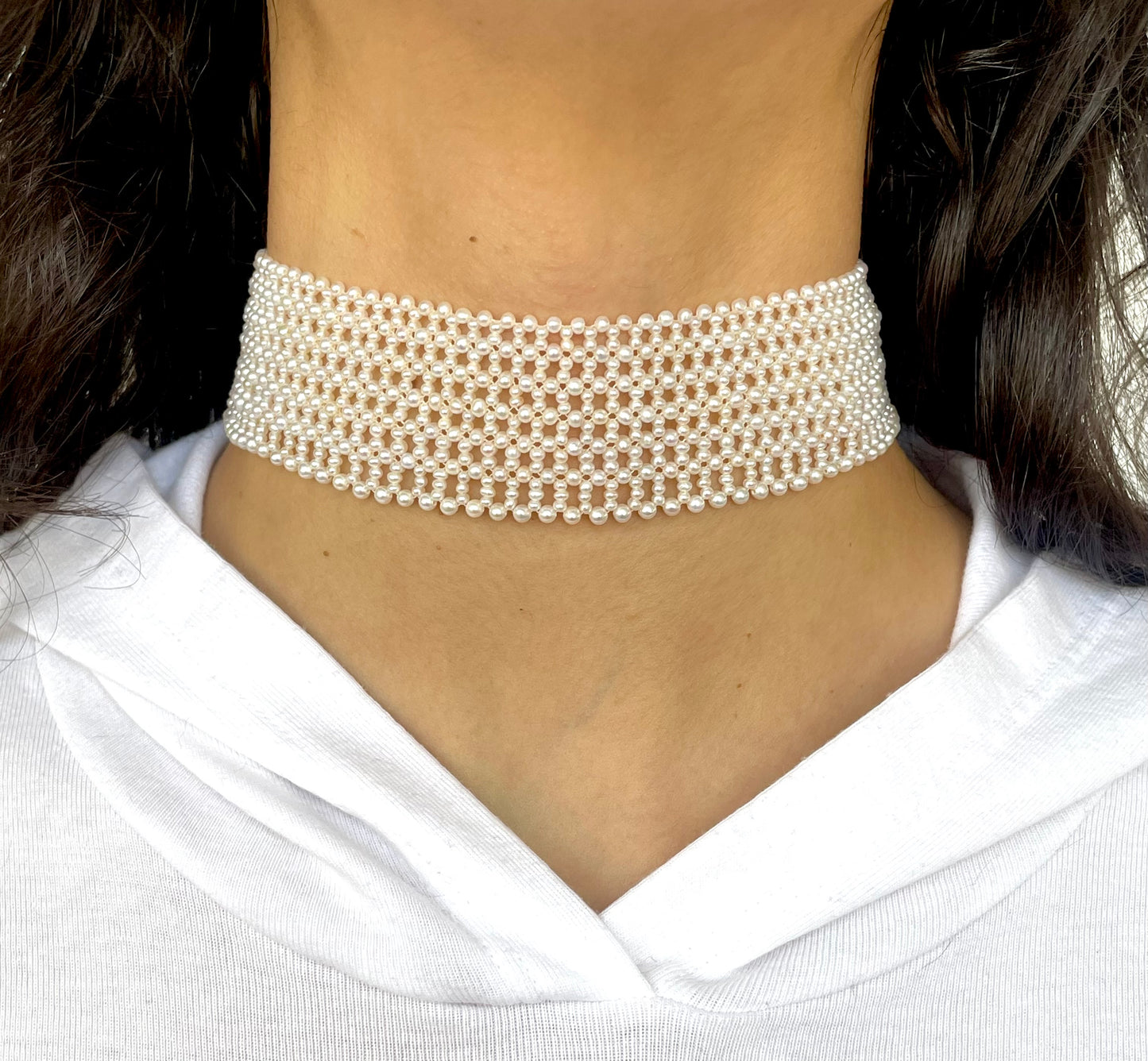 Lace Woven Seed Pearl Choker with Adjustable Silver Clasp