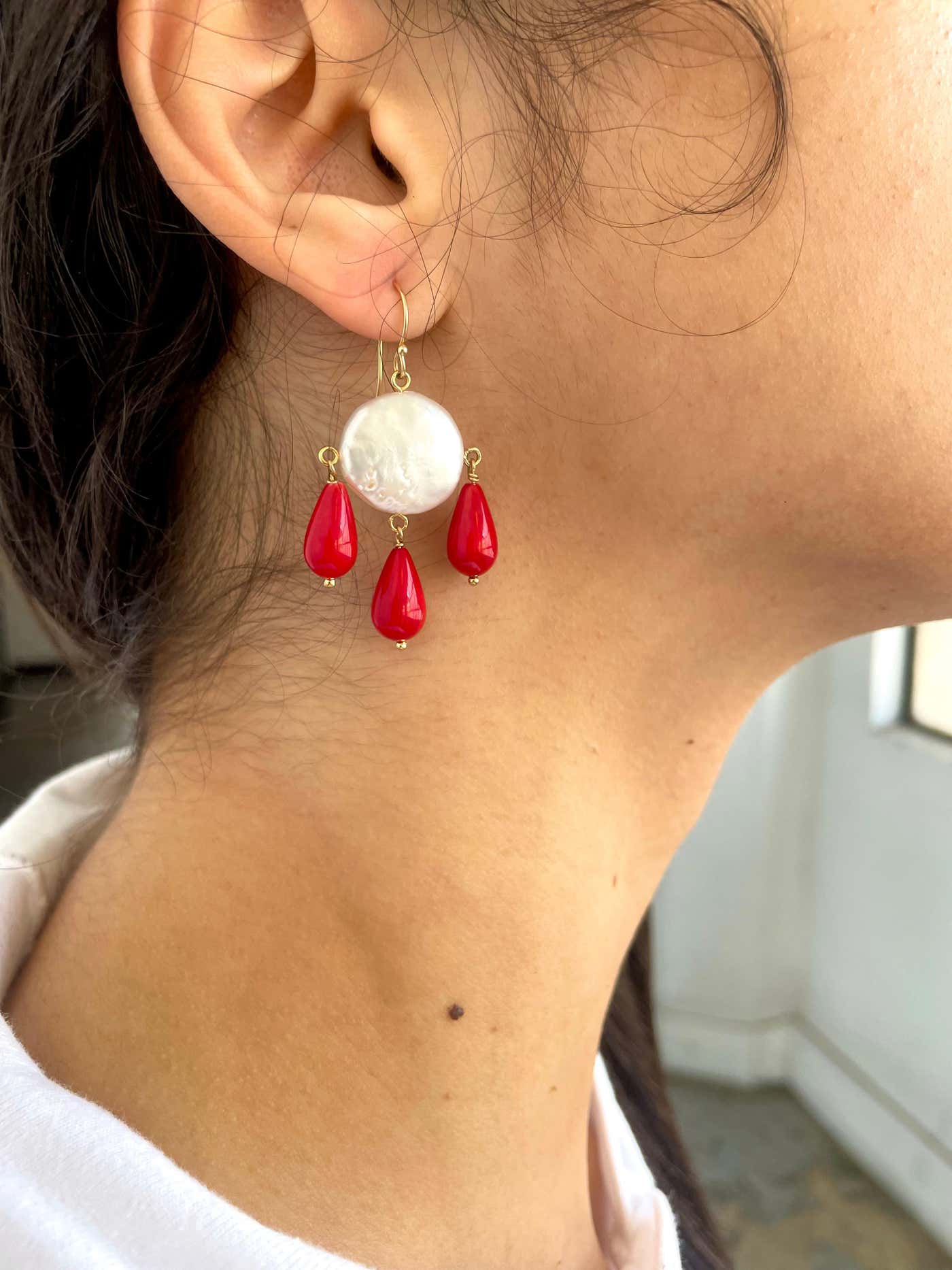 Pearl & Coral Chandelier Earrings with Solid 14k Yellow Gold