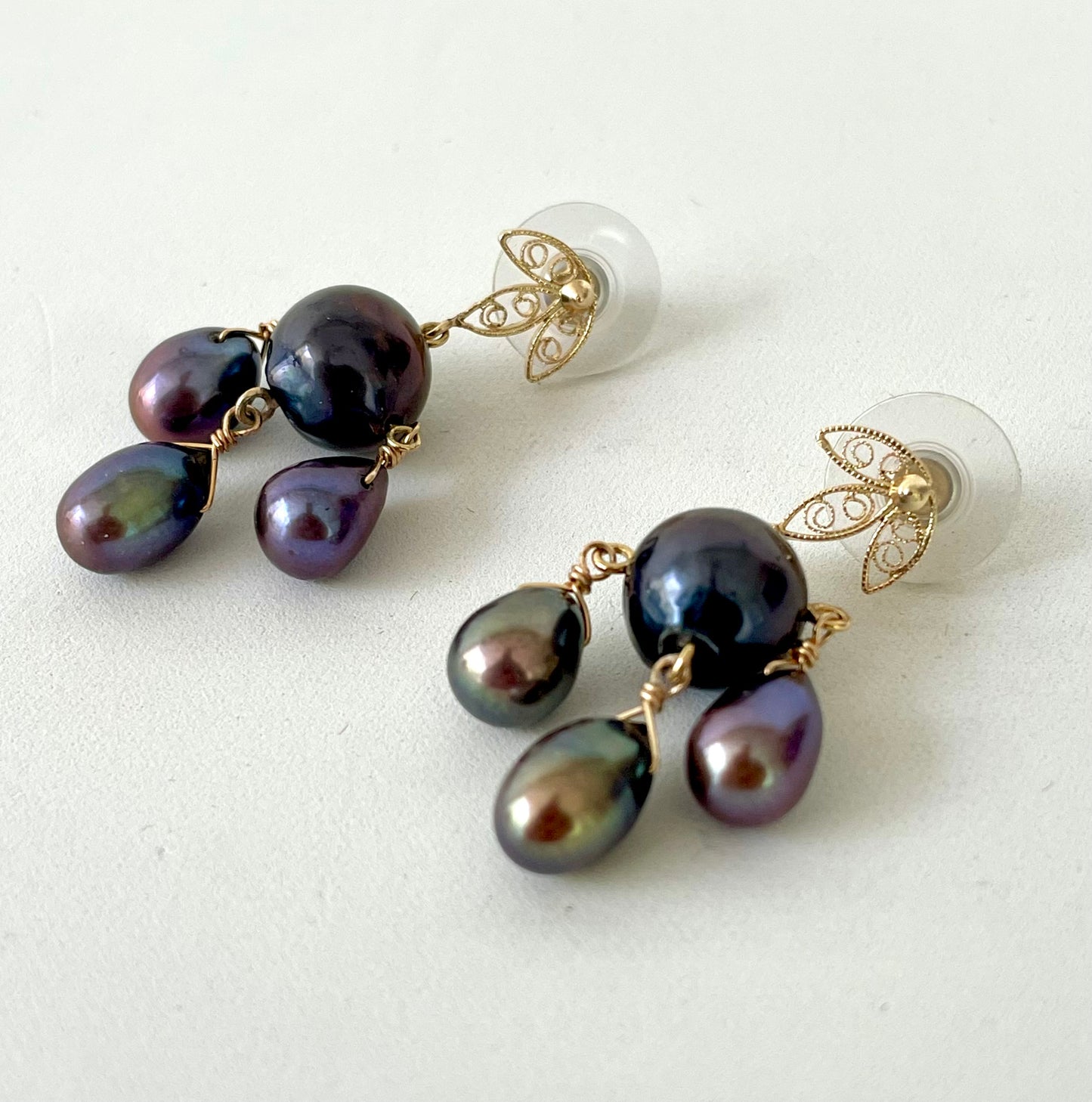 Black Pearl & Solid 14k Yellow Gold Chandelier Earrings