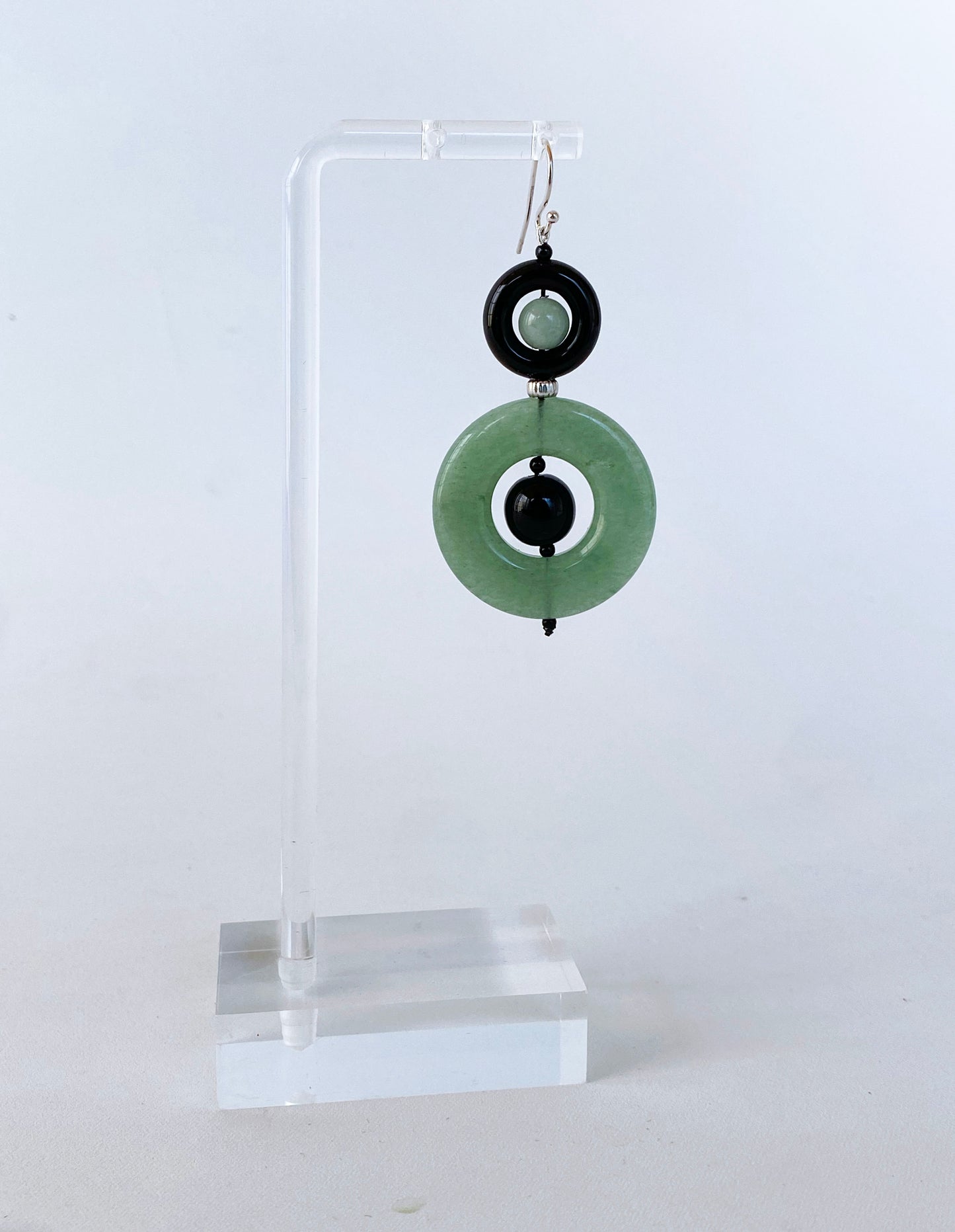 Green Jade & Black Onyx Dangle Earrings with solid 14k White Gold Hooks