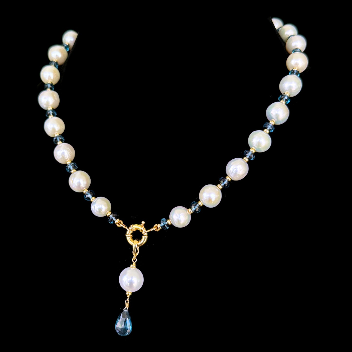 London Blue Topaz, Solid 14k Yellow Gold & Pearl Necklace with Removable Drop