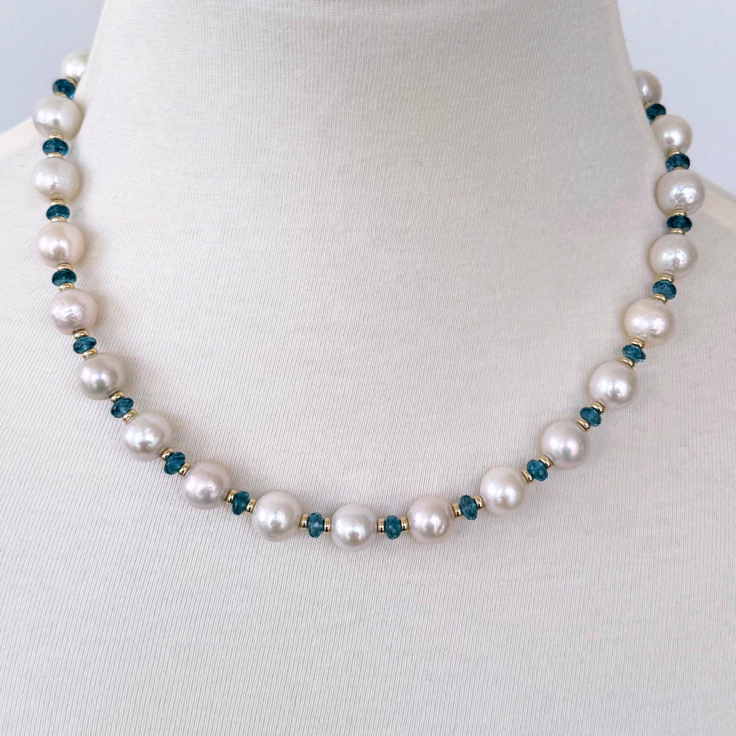 London Blue Topaz, Solid 14k Yellow Gold & Pearl Necklace with Removable Drop