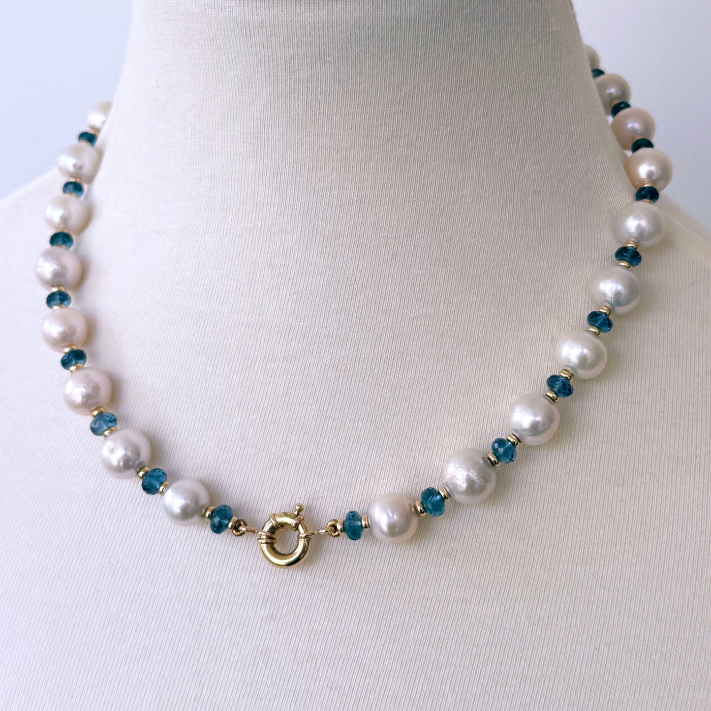 London Blue Topaz, Solid 14k Yellow Gold & Pearl Necklace with Removable Drop