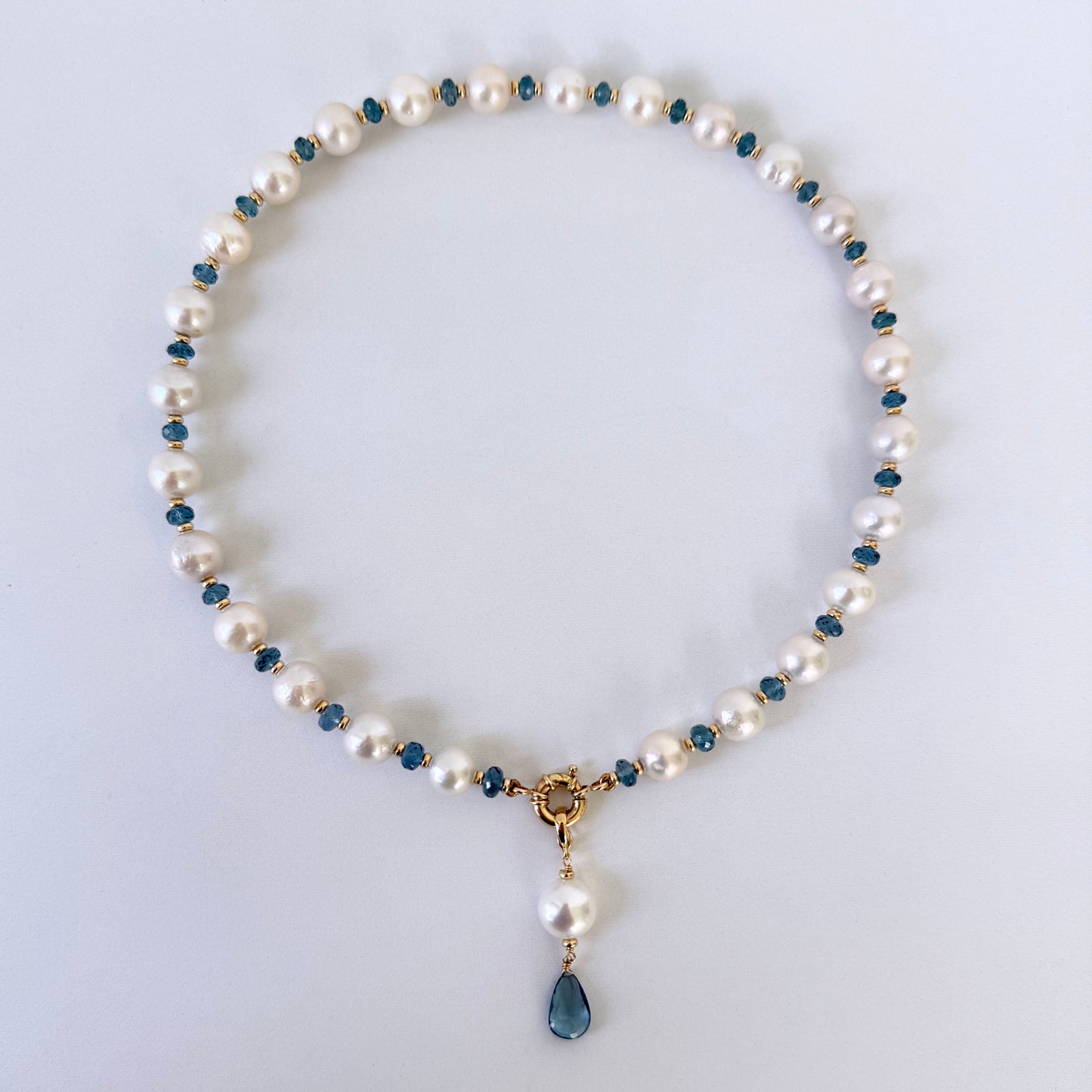 London Blue Topaz, Solid 14k Yellow Gold & Pearl Necklace with Removable Drop