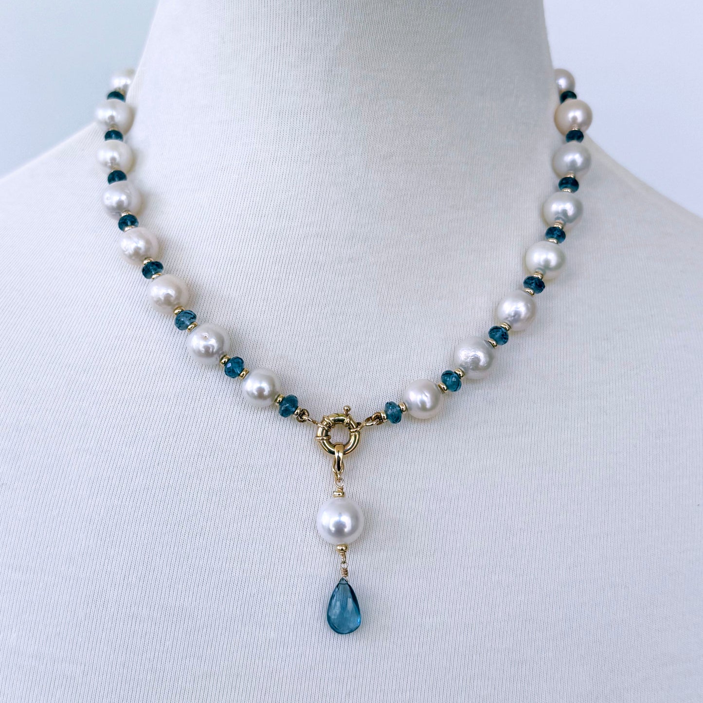 London Blue Topaz, Solid 14k Yellow Gold & Pearl Necklace with Removable Drop