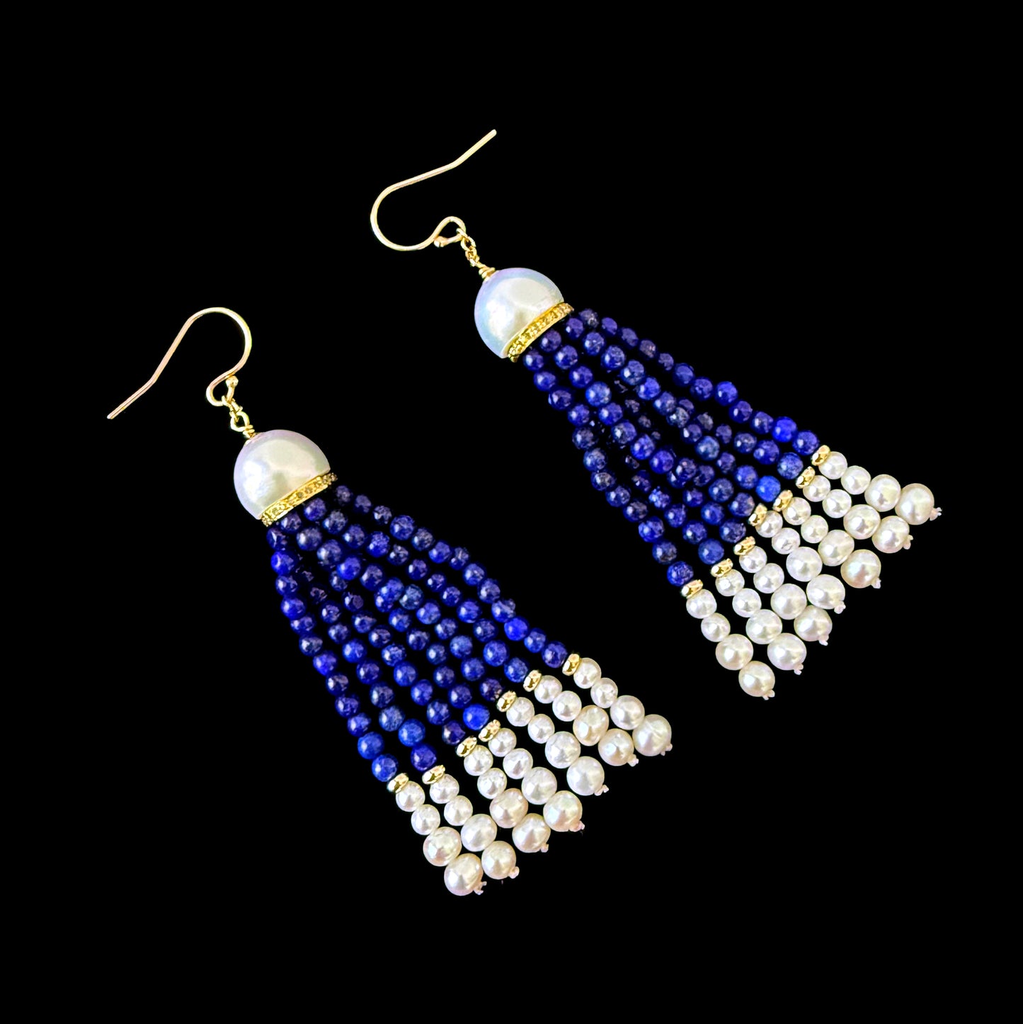 Lapis Lazuli & Pearl Graduated Earrings with Diamonds & Solid 14k Gold
