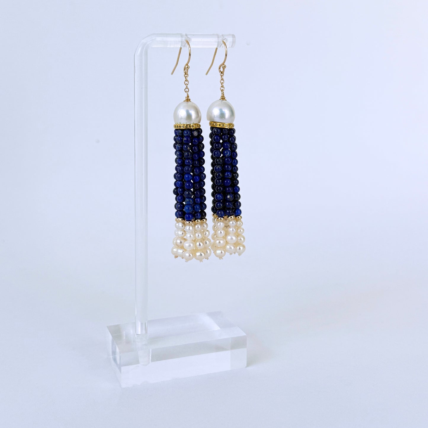 Lapis Lazuli & Pearl Graduated Earrings with Diamonds & Solid 14k Gold