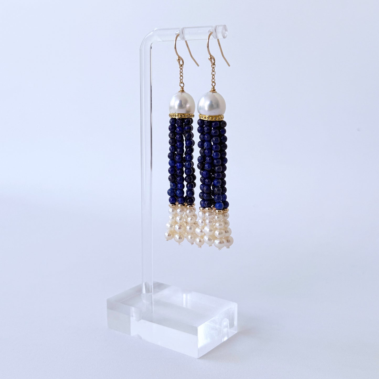 Lapis Lazuli & Pearl Graduated Earrings with Diamonds & Solid 14k Gold