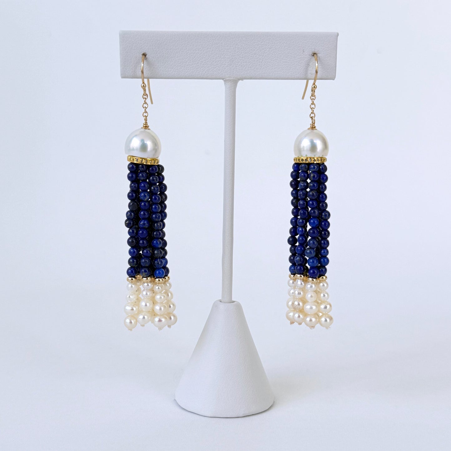 Lapis Lazuli & Pearl Graduated Earrings with Diamonds & Solid 14k Gold