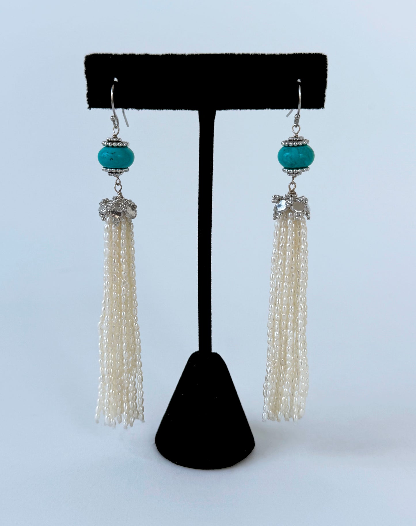Turquoise, Seed Pearl & Silver Dangle Earrings