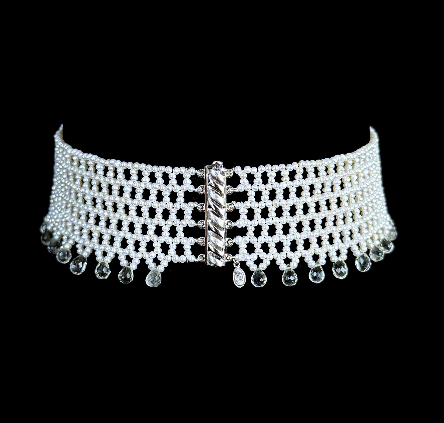 Lace Woven Choker with Aquamarine Briolettes and Sliding Clasp