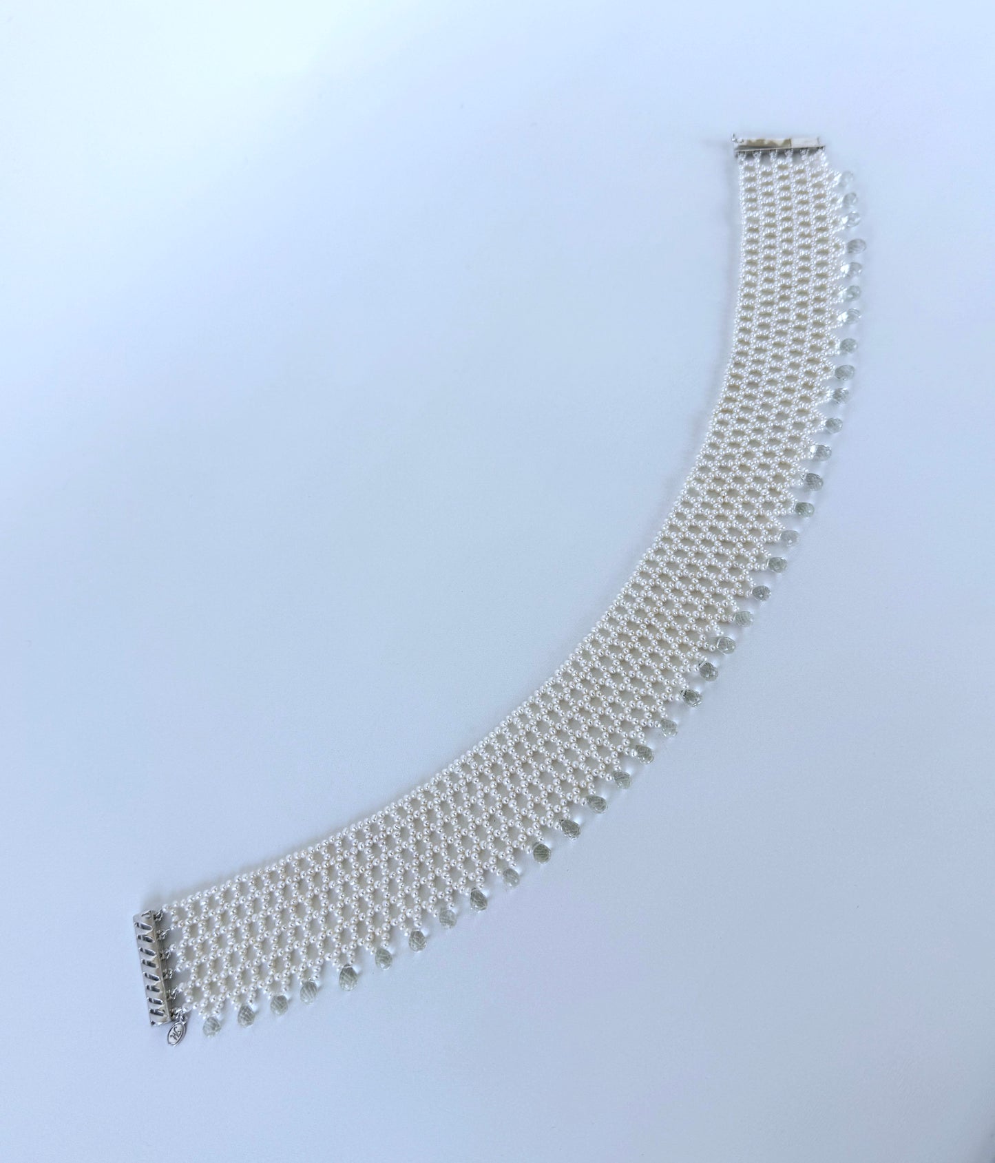 Lace Woven Choker with Aquamarine Briolettes and Sliding Clasp