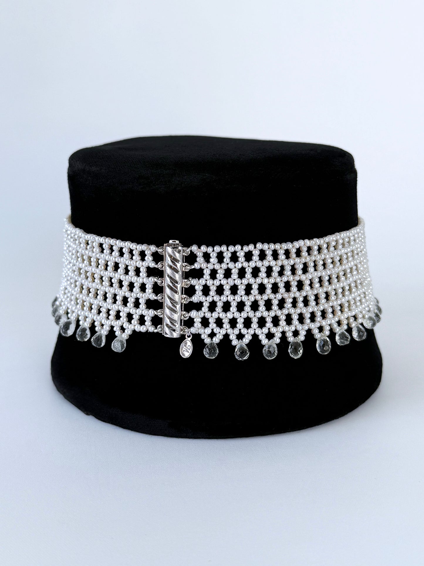 Lace Woven Choker with Aquamarine Briolettes and Sliding Clasp
