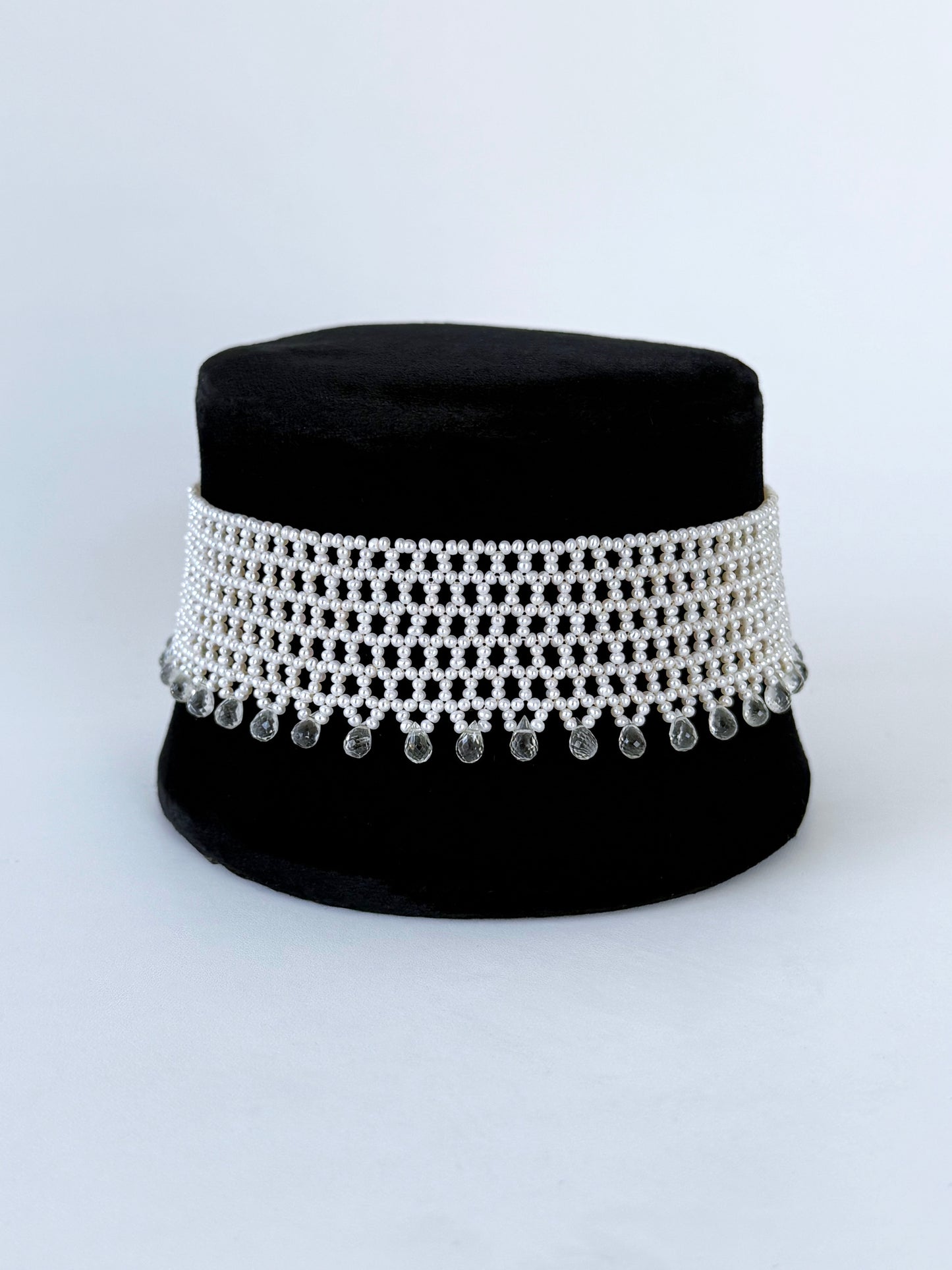 Lace Woven Choker with Aquamarine Briolettes and Sliding Clasp