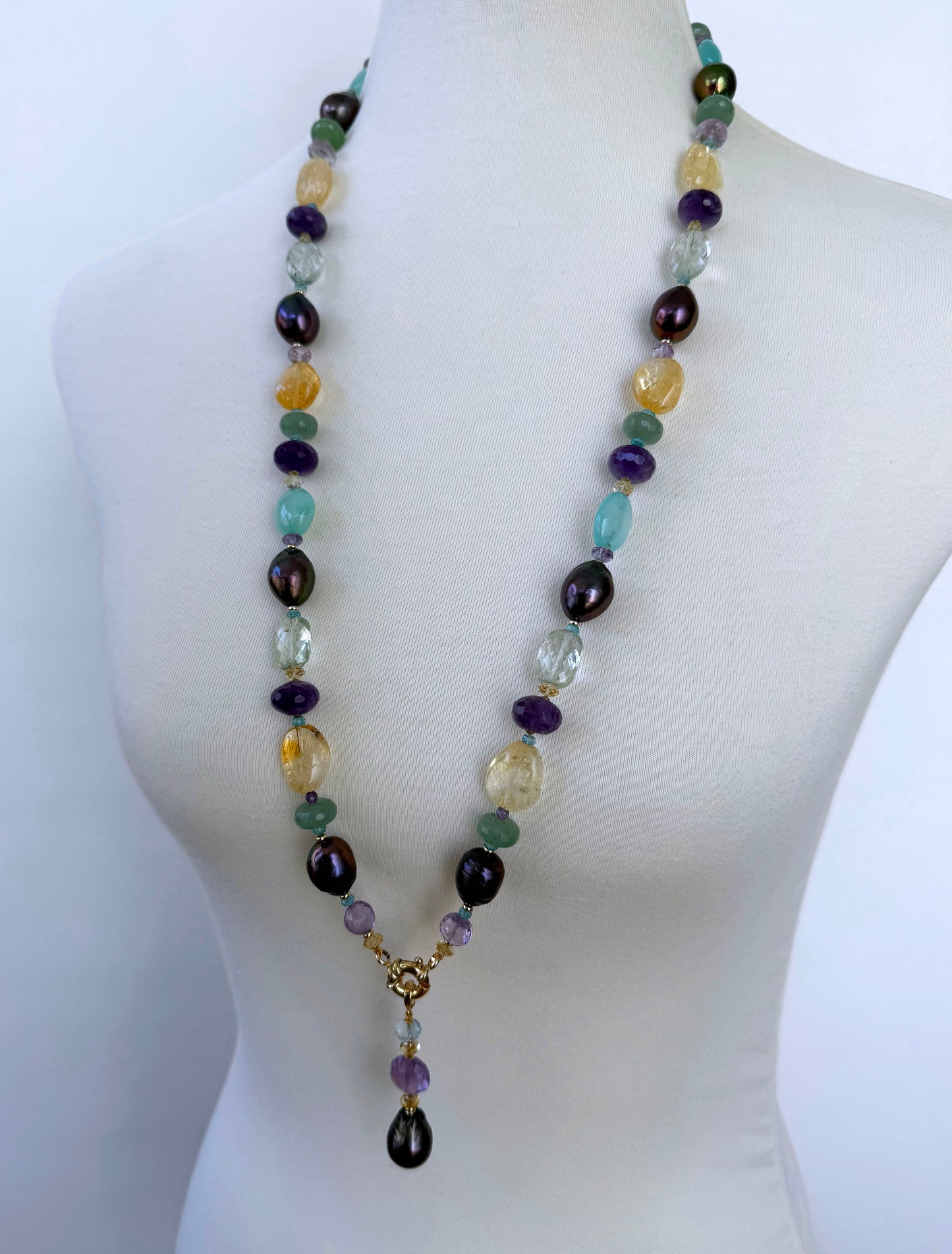 Amethyst, Citrine, Chalcedony & Black Pearl Sautoir with Solid 14k Yellow Gold