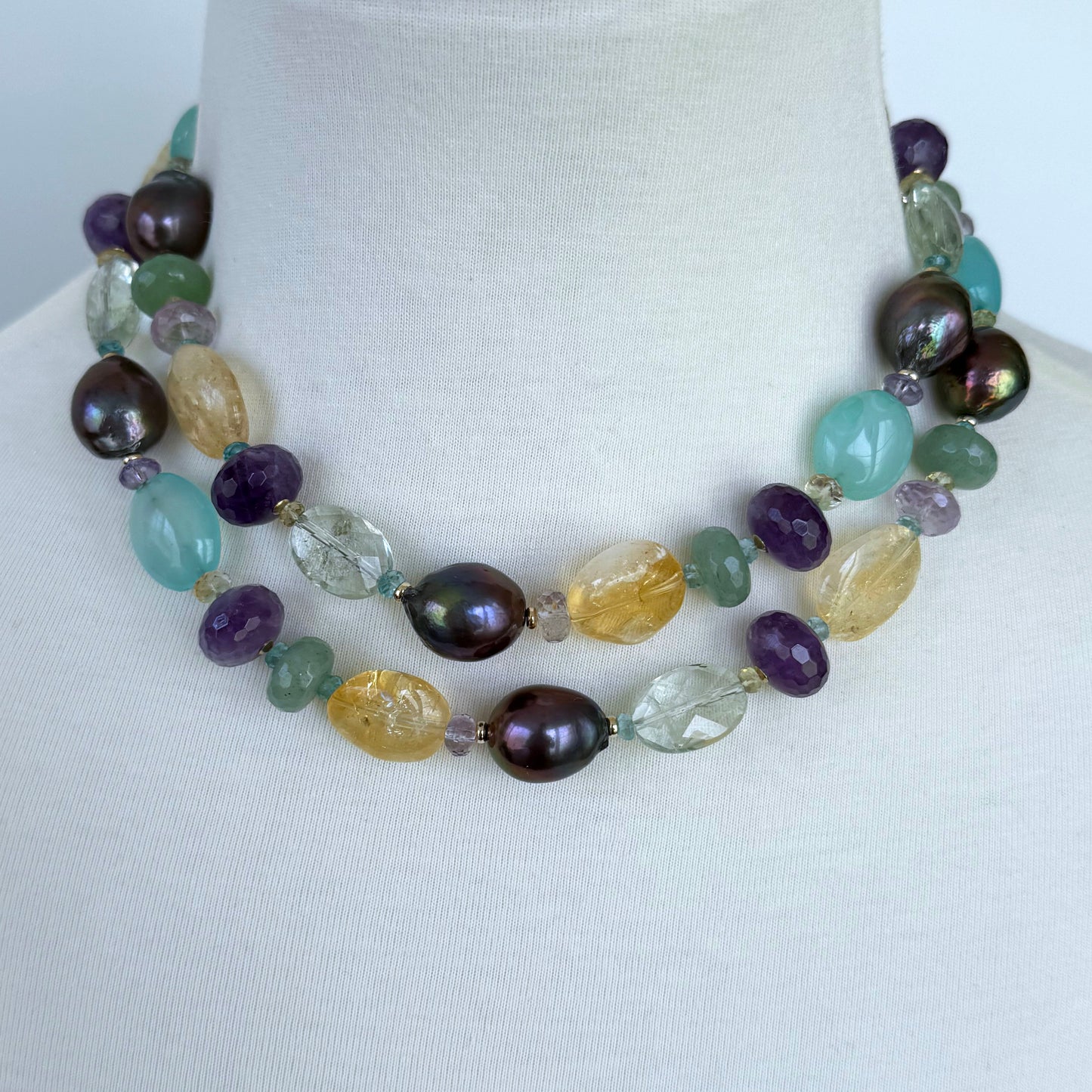 Amethyst, Citrine, Chalcedony & Black Pearl Sautoir with Solid 14k Yellow Gold