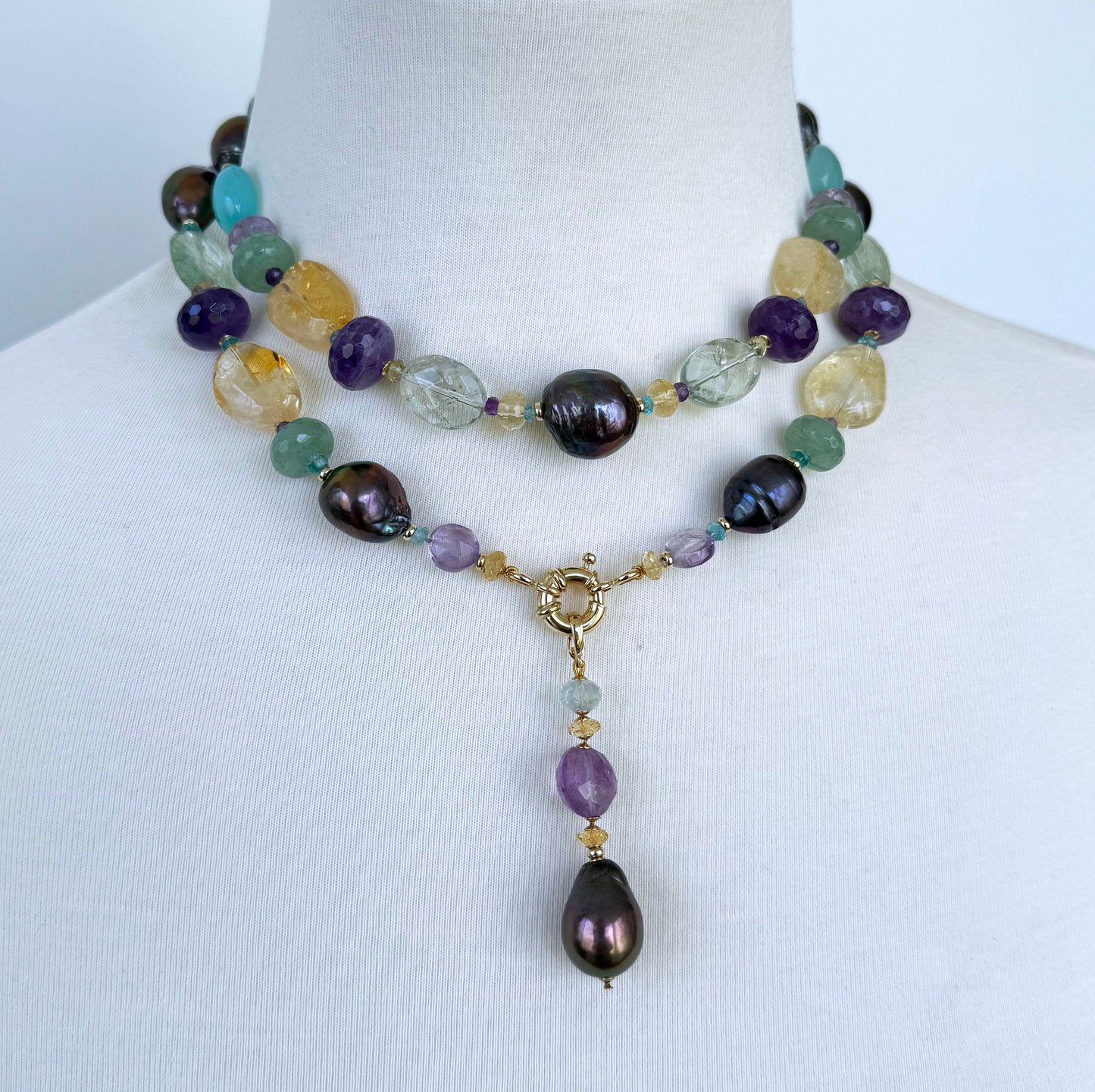 Amethyst, Citrine, Chalcedony & Black Pearl Sautoir with Solid 14k Yellow Gold