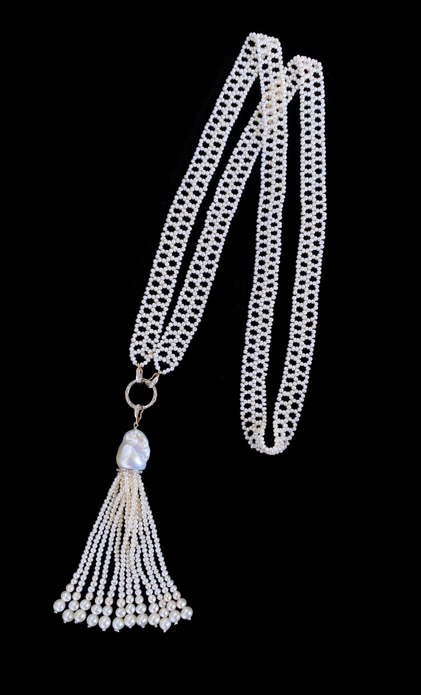 Lace Woven Pearl Sautoir with Diamond Encrusted solid 14k Yellow Gold