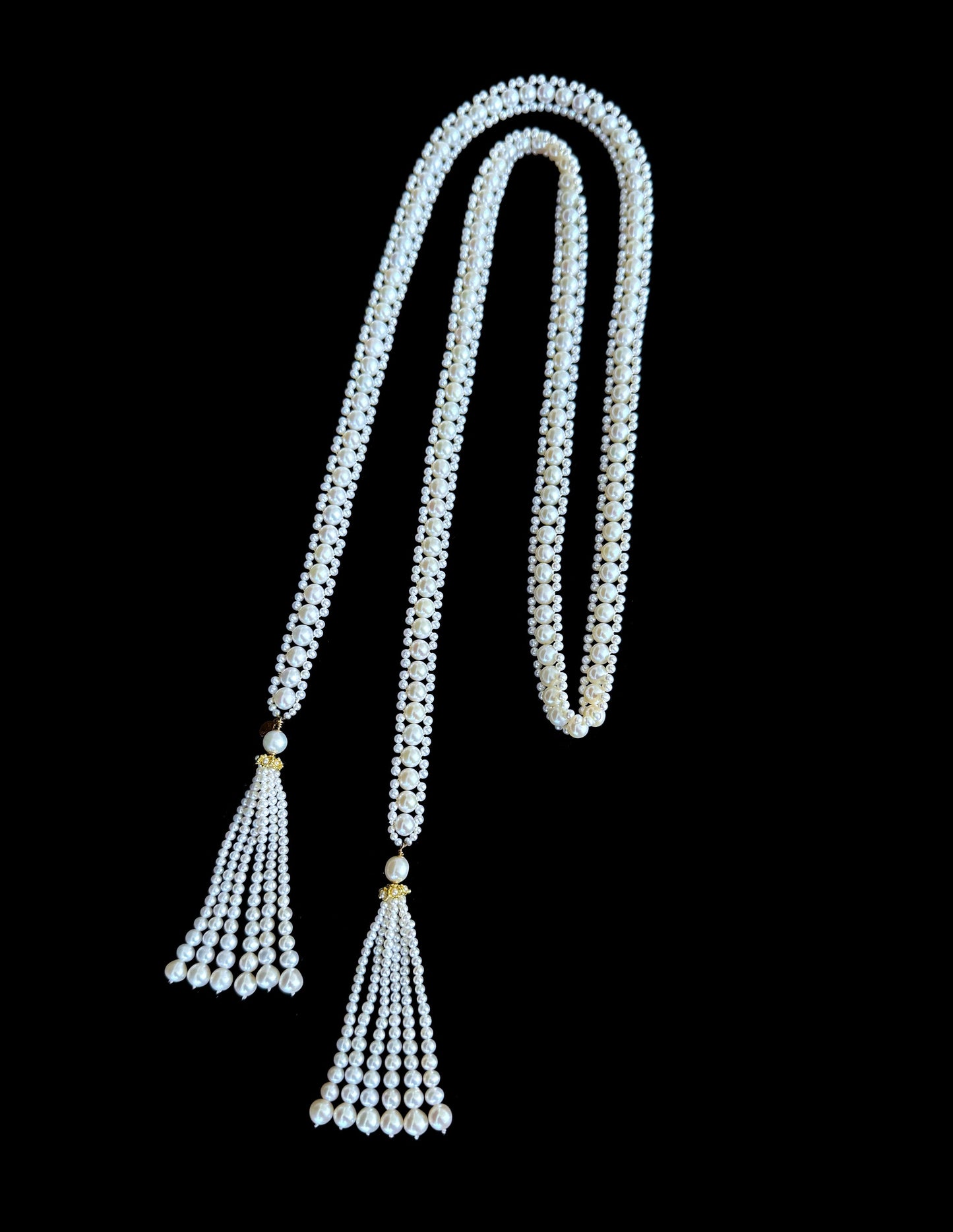 Solid 14k Yellow Gold Pearl Sautoir with Graduated Tassels