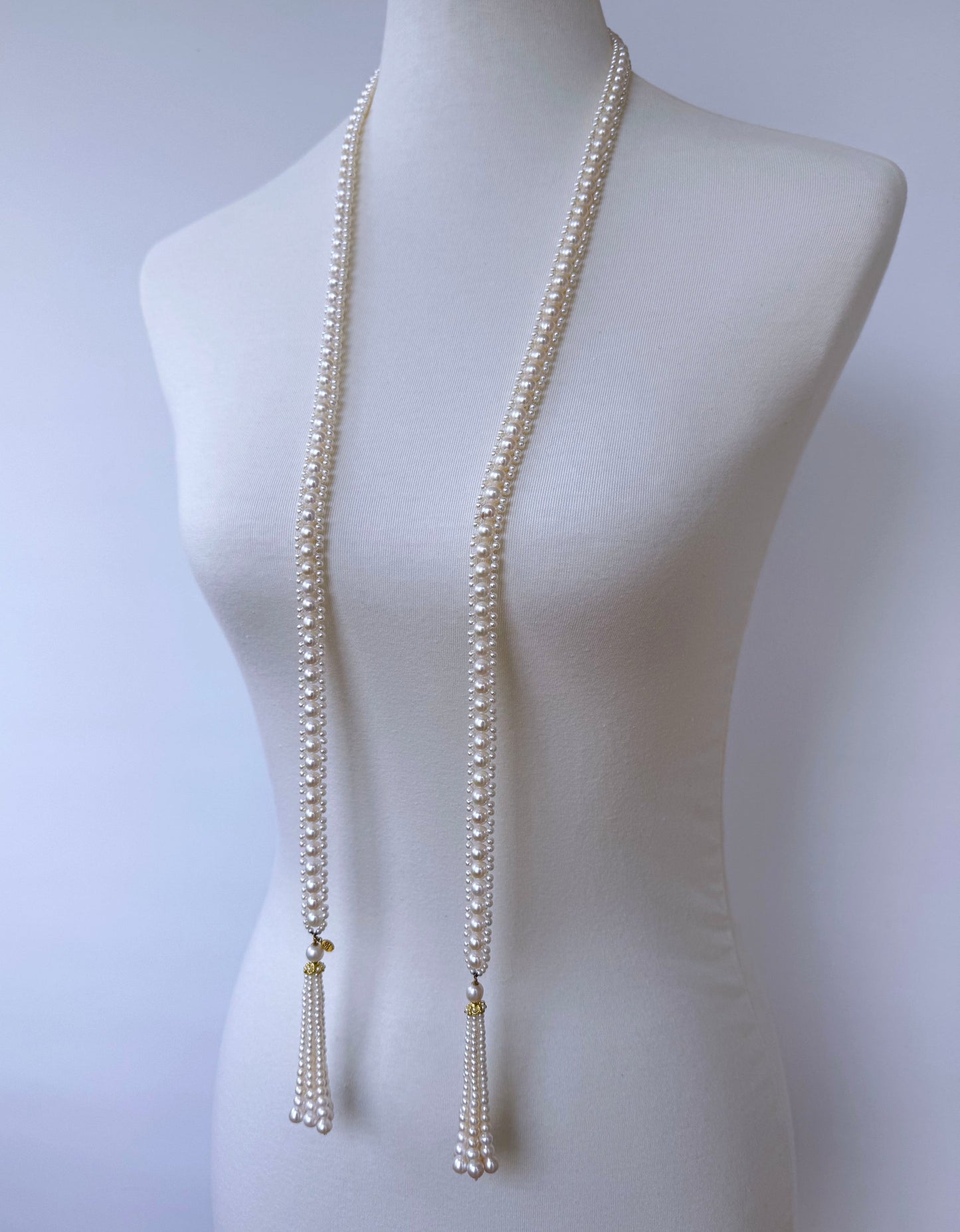 Solid 14k Yellow Gold Pearl Sautoir with Graduated Tassels