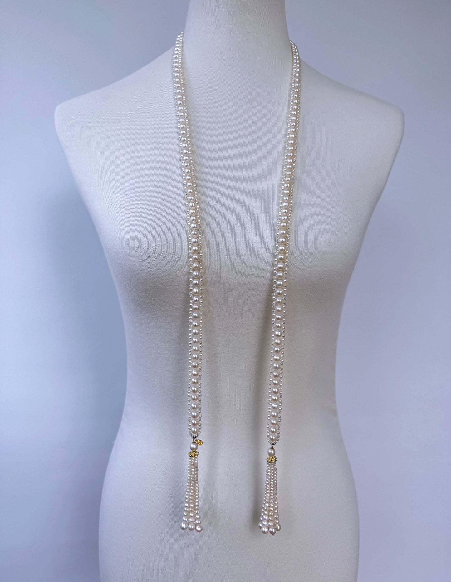 Solid 14k Yellow Gold Pearl Sautoir with Graduated Tassels