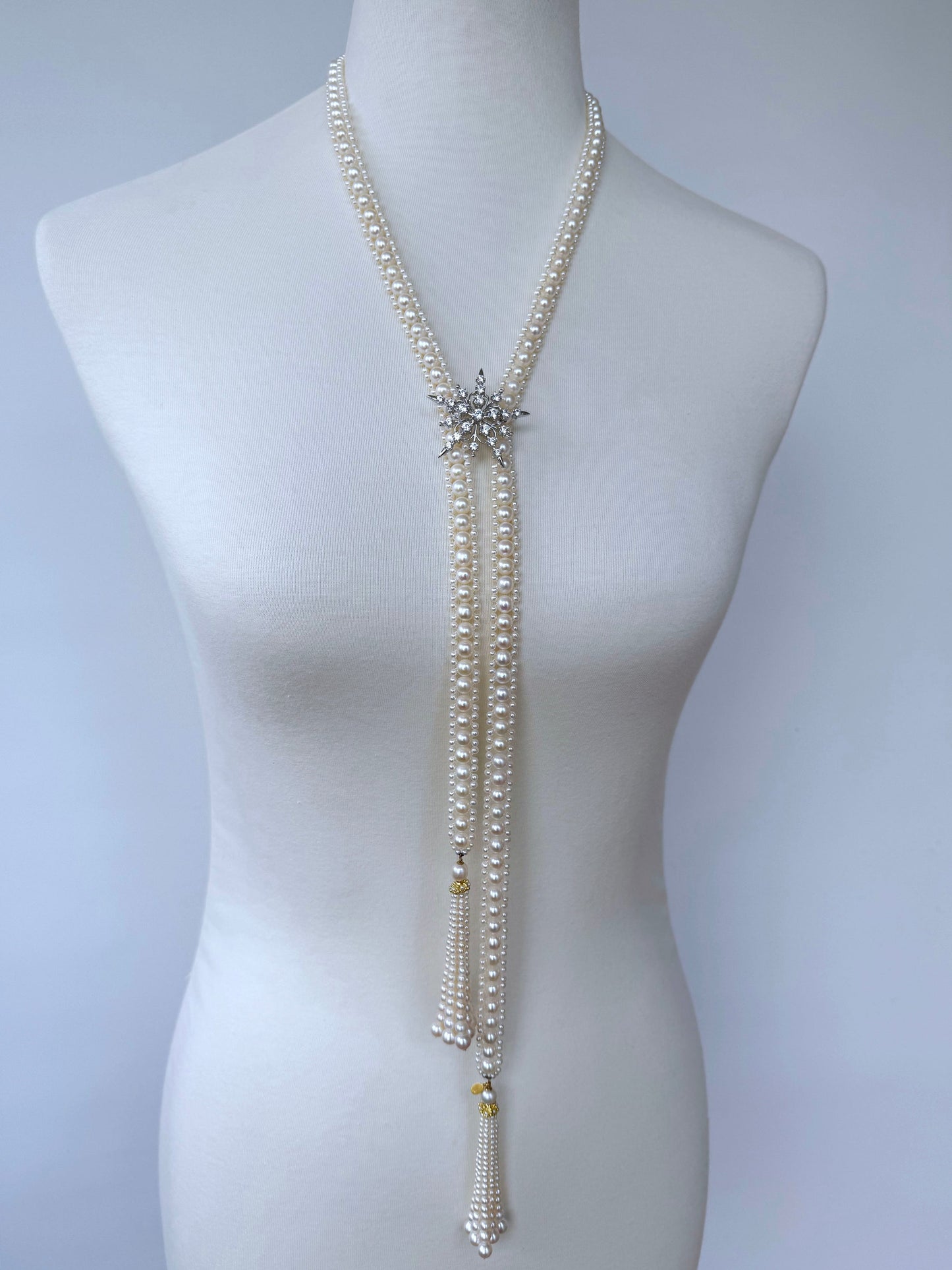 Solid 14k Yellow Gold Pearl Sautoir with Graduated Tassels