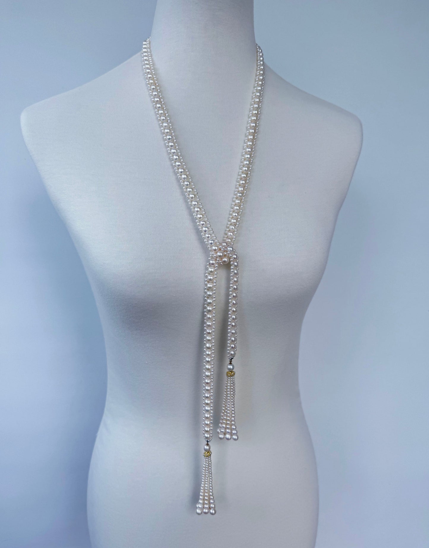 Solid 14k Yellow Gold Pearl Sautoir with Graduated Tassels