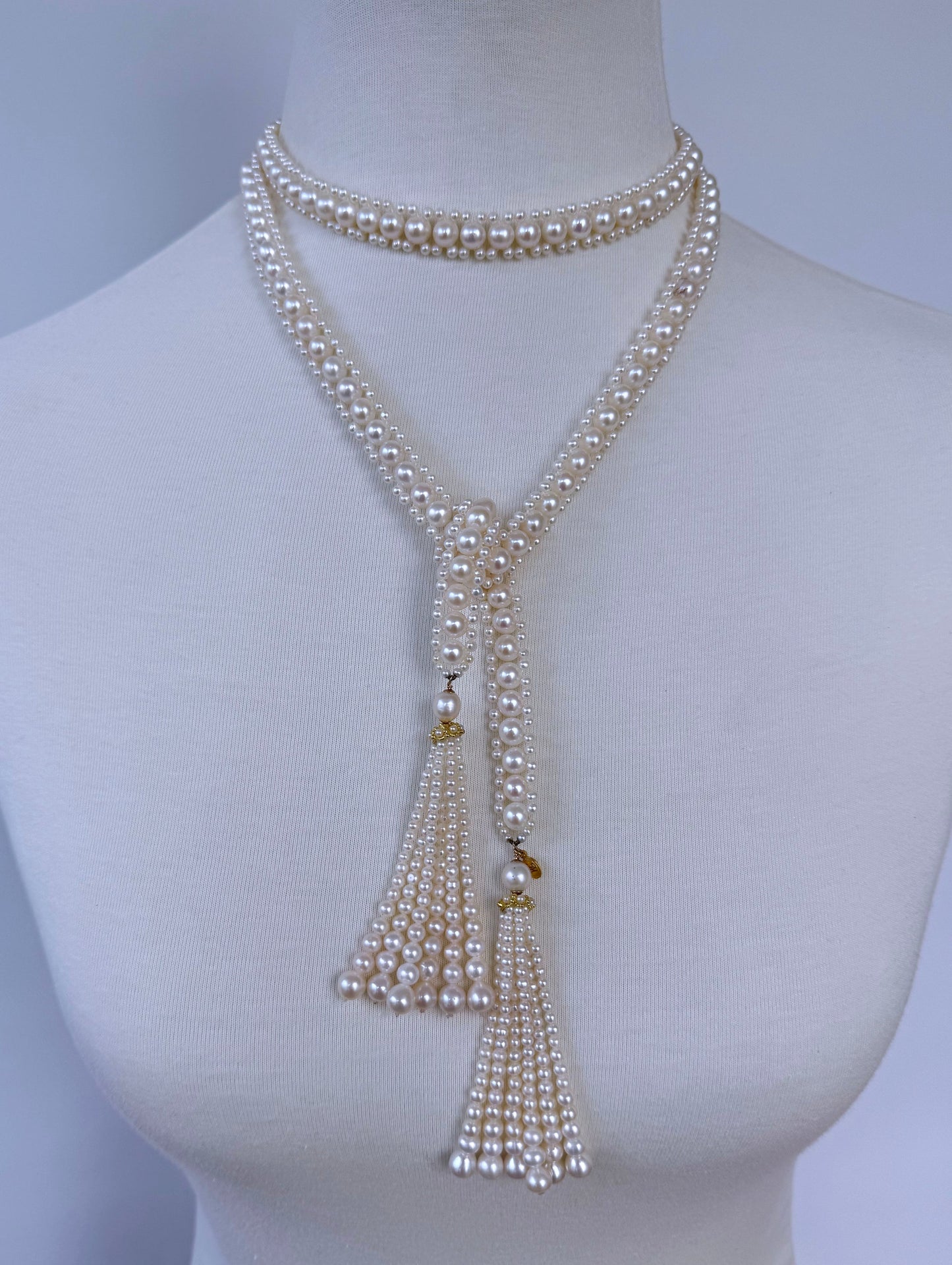 Solid 14k Yellow Gold Pearl Sautoir with Graduated Tassels