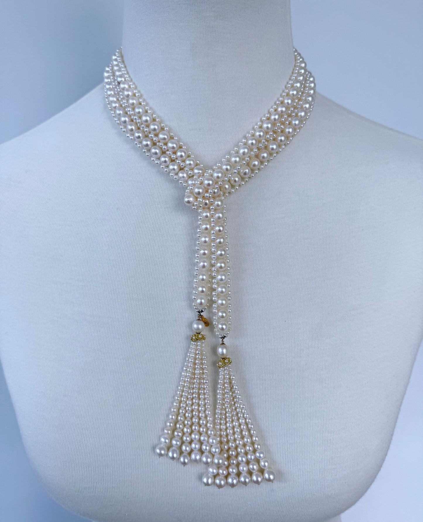 Solid 14k Yellow Gold Pearl Sautoir with Graduated Tassels