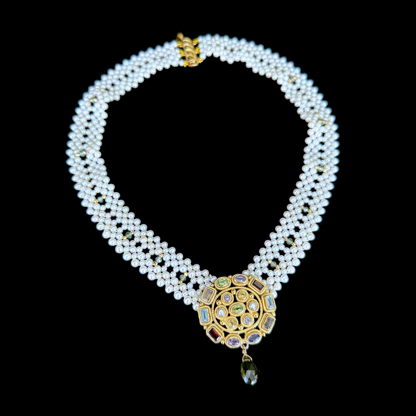 One Of A Kind Pearl Woven Necklace with Multi Stone Centerpiece