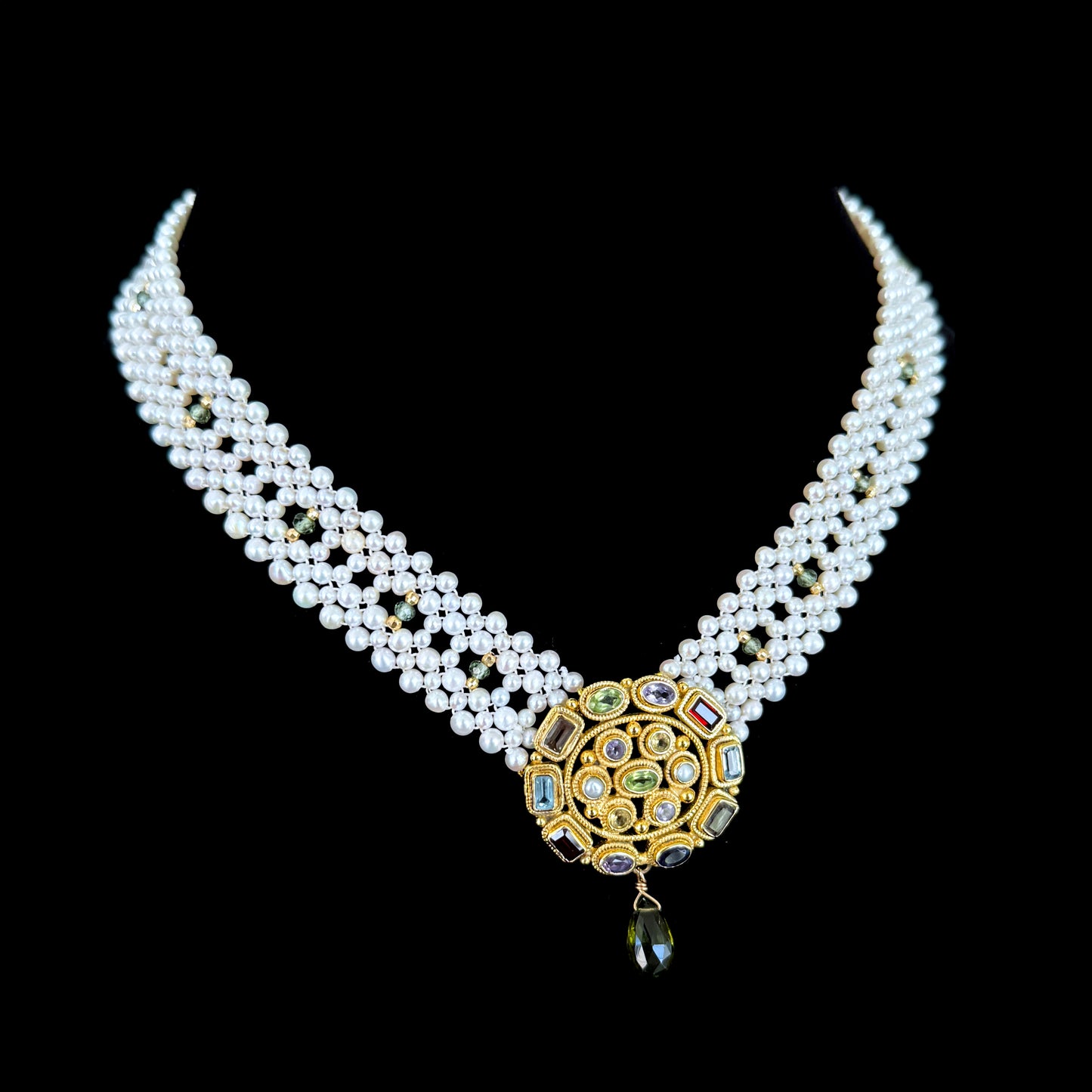 One Of A Kind Pearl Woven Necklace with Multi Stone Centerpiece