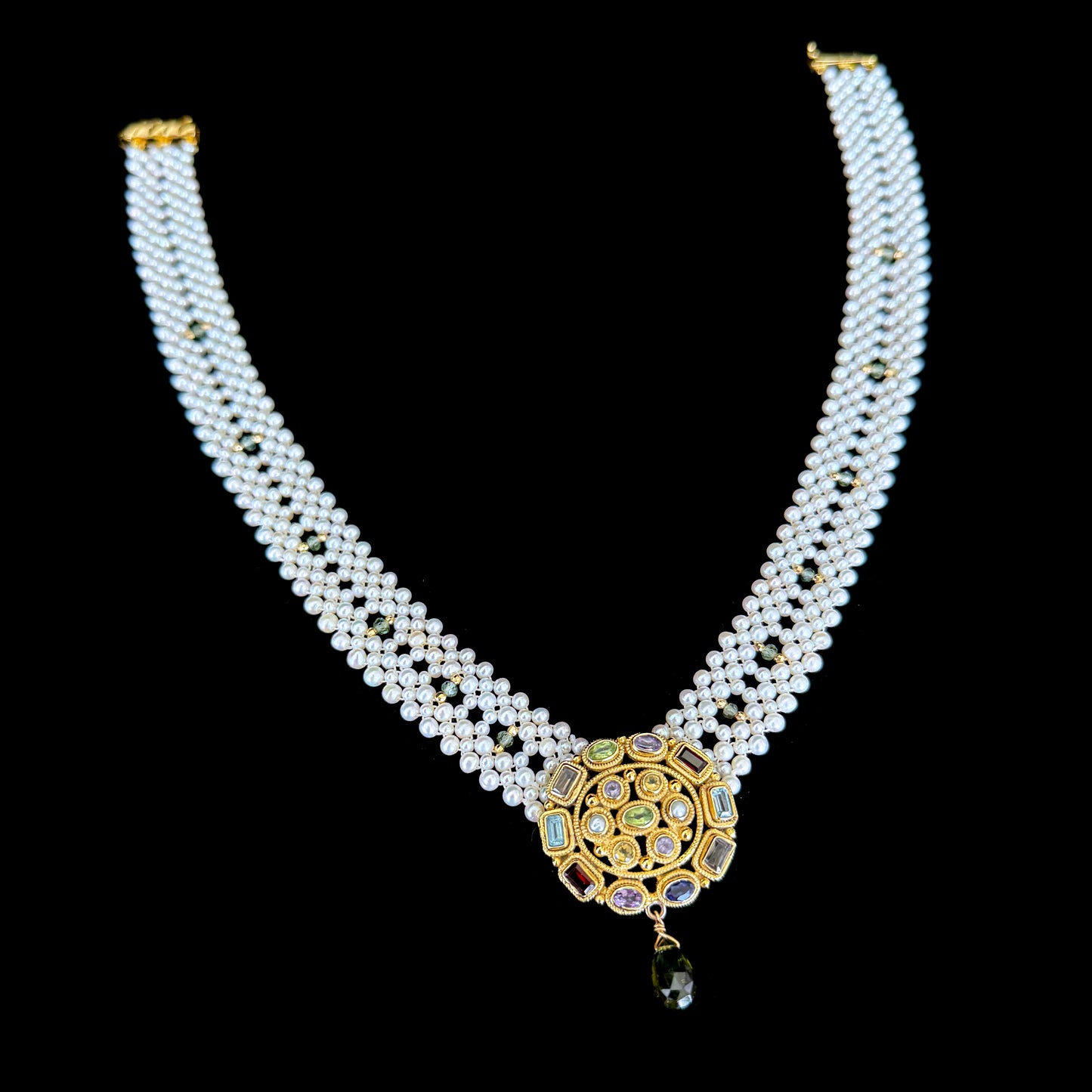 One Of A Kind Pearl Woven Necklace with Multi Stone Centerpiece