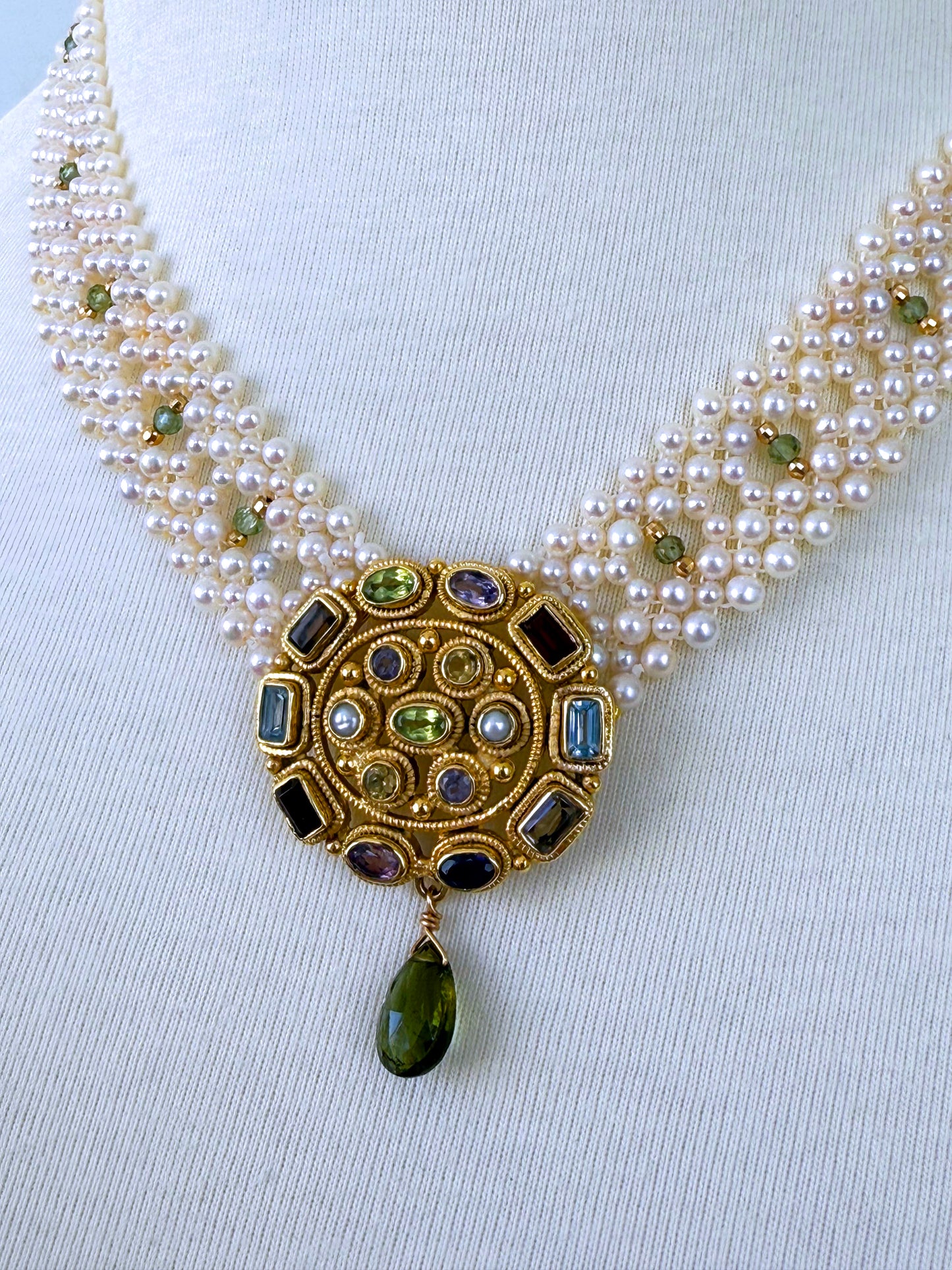 One Of A Kind Pearl Woven Necklace with Multi Stone Centerpiece